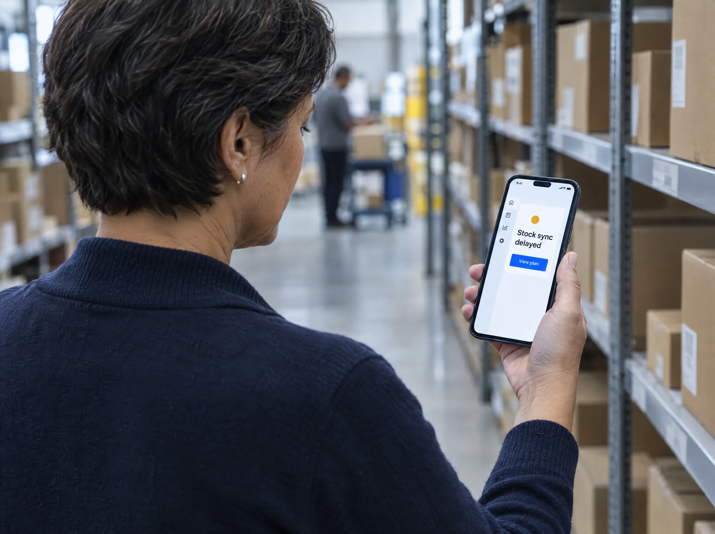 Operations lead reading a stock sync alert on her phone in the stockroom Operations lead reading a stock sync alert on her phone in the stockroom
