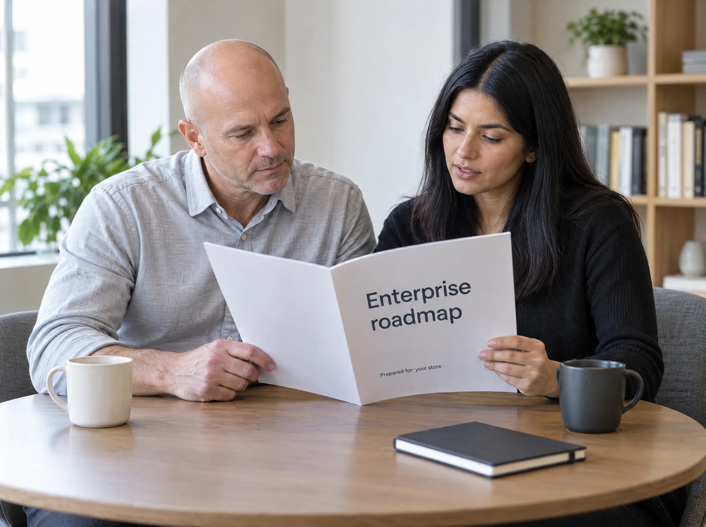CTO and ecommerce director reading a printed enterprise roadmap prepared for their store CTO and ecommerce director reading a printed enterprise roadmap prepared for their store