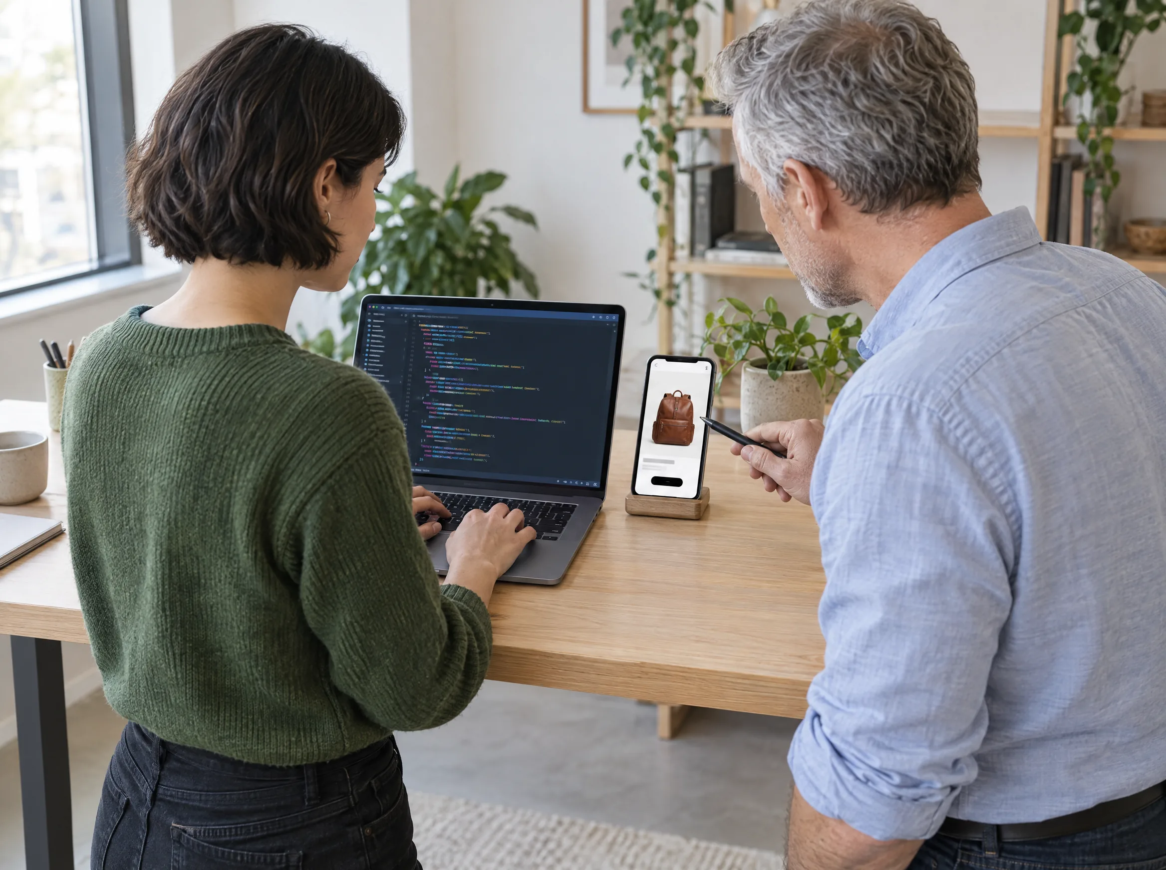 A front-end developer and an ecommerce director review a fast product page on a phone and a laptop in a bright studio office A front-end developer and an ecommerce director review a fast product page on a phone and a laptop in a bright studio office