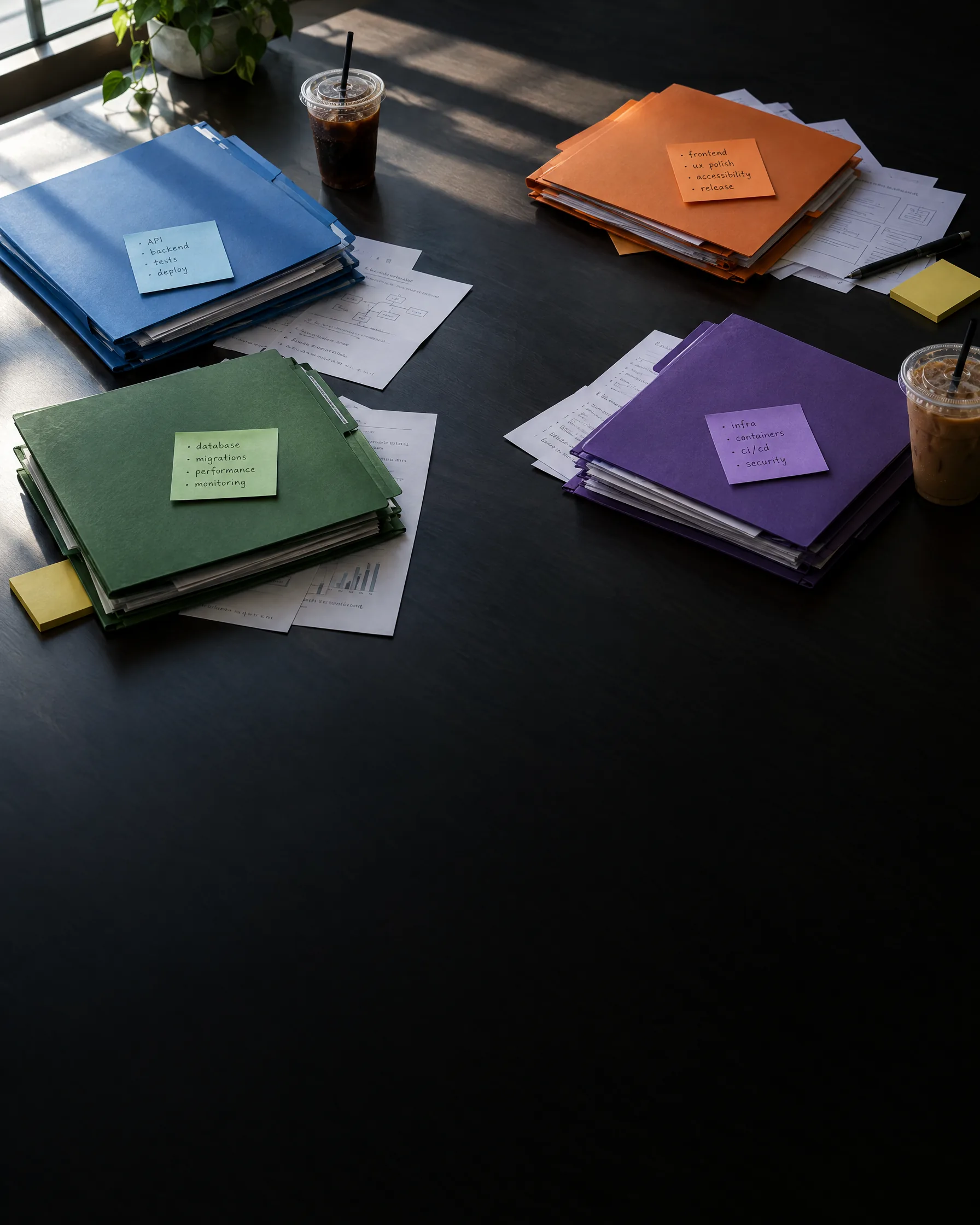 Four stacks of project folders far apart on a dark table, like four vendors working apart Four stacks of project folders far apart on a dark table, like four vendors working apart