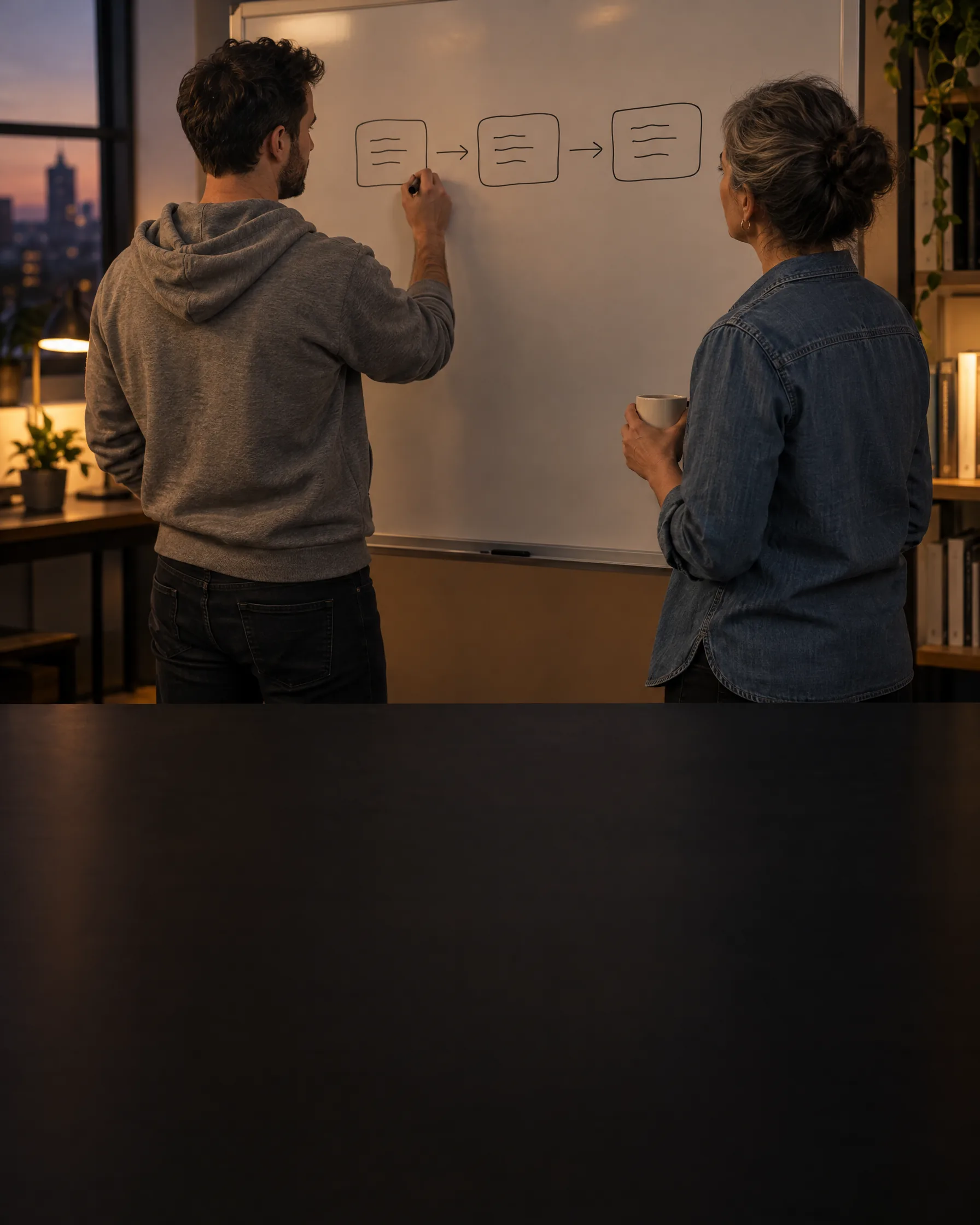 Two team members draw a store front end, BigCommerce and an ERP as three linked boxes on a whiteboard Two team members draw a store front end, BigCommerce and an ERP as three linked boxes on a whiteboard