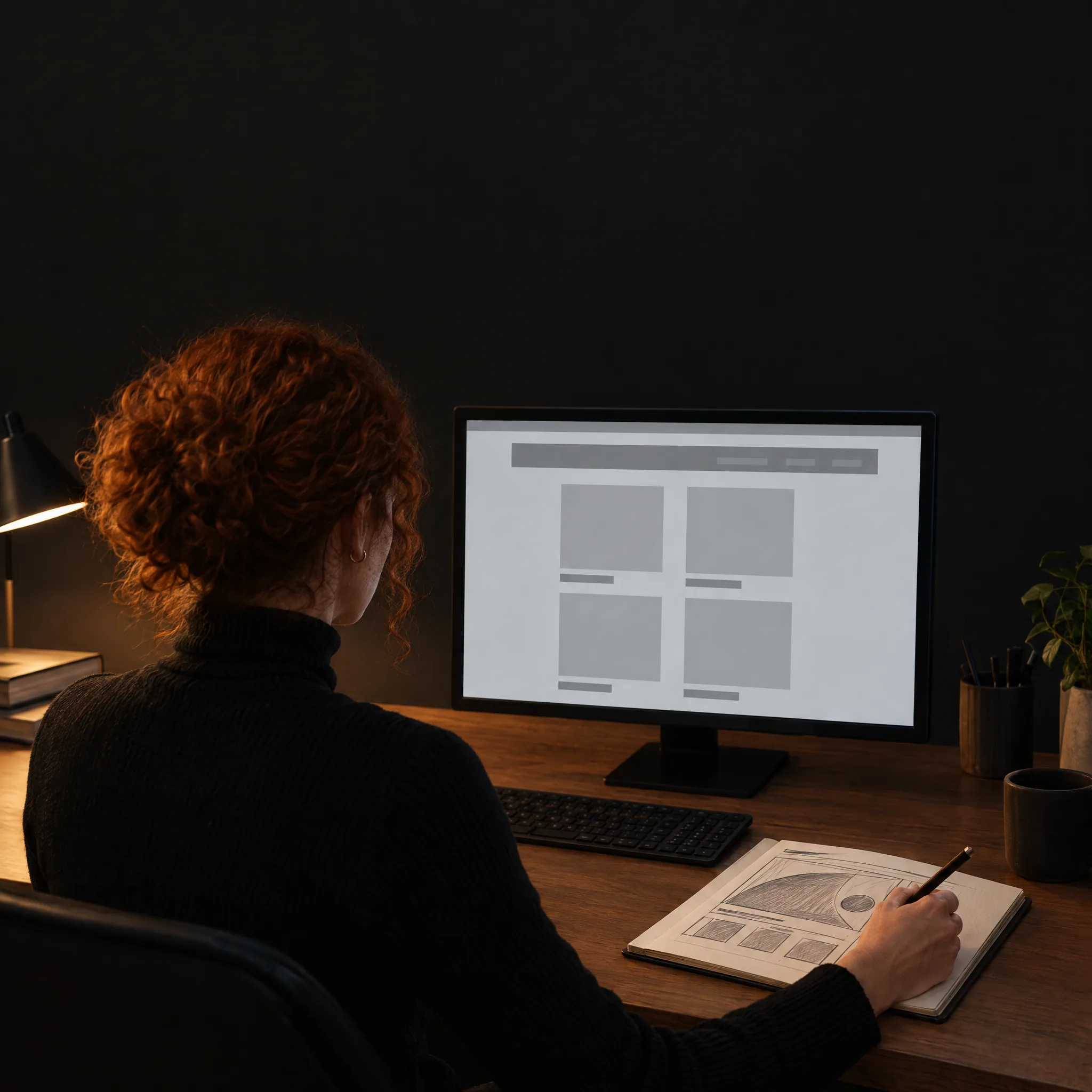 A designer at a monitor shows a rigid store template next to a bold custom layout sketch A designer at a monitor shows a rigid store template next to a bold custom layout sketch