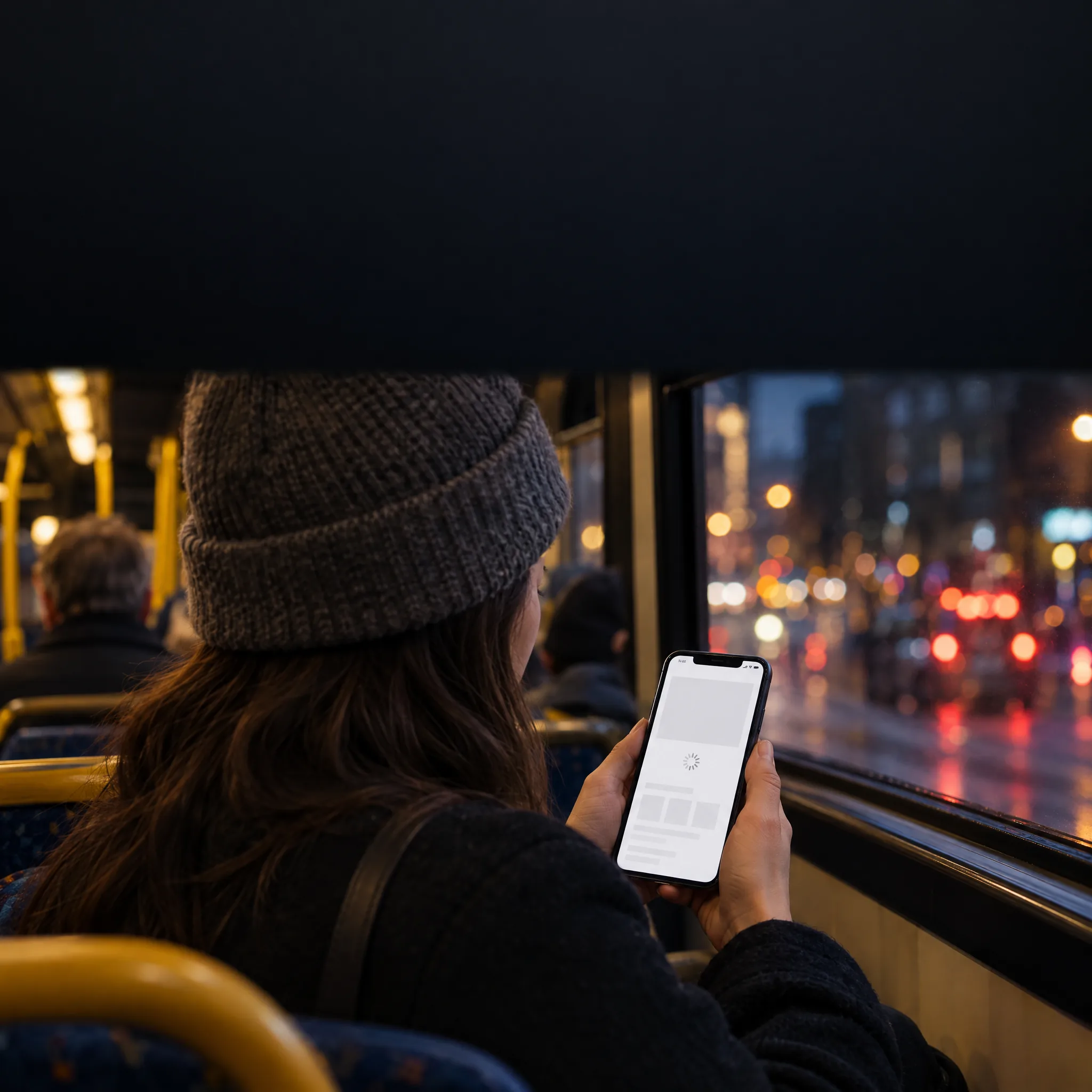 A shopper on an evening bus waits for a slow product page to load on her phone A shopper on an evening bus waits for a slow product page to load on her phone