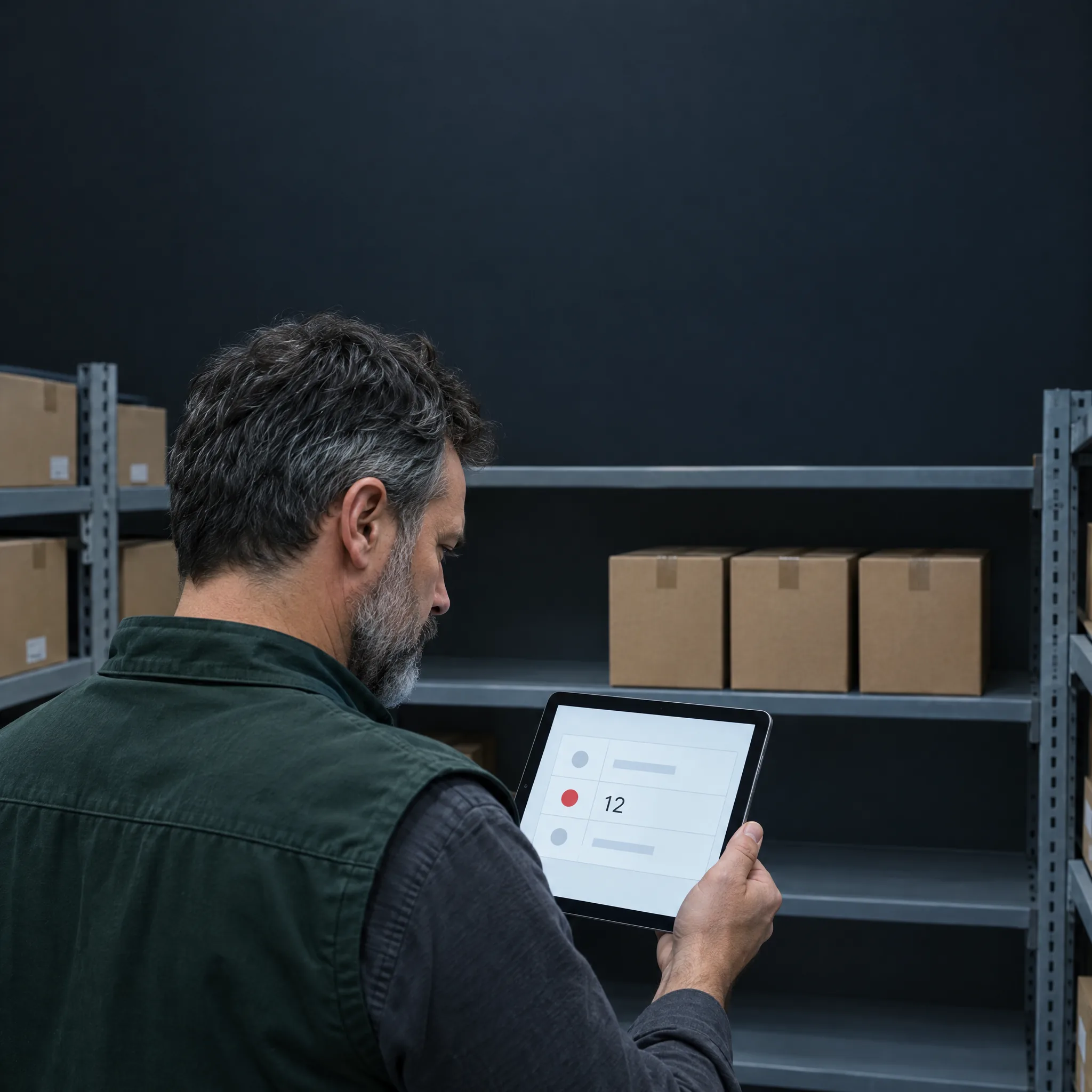 A warehouse lead compares a stock count on a tablet with the shelf in front of him A warehouse lead compares a stock count on a tablet with the shelf in front of him