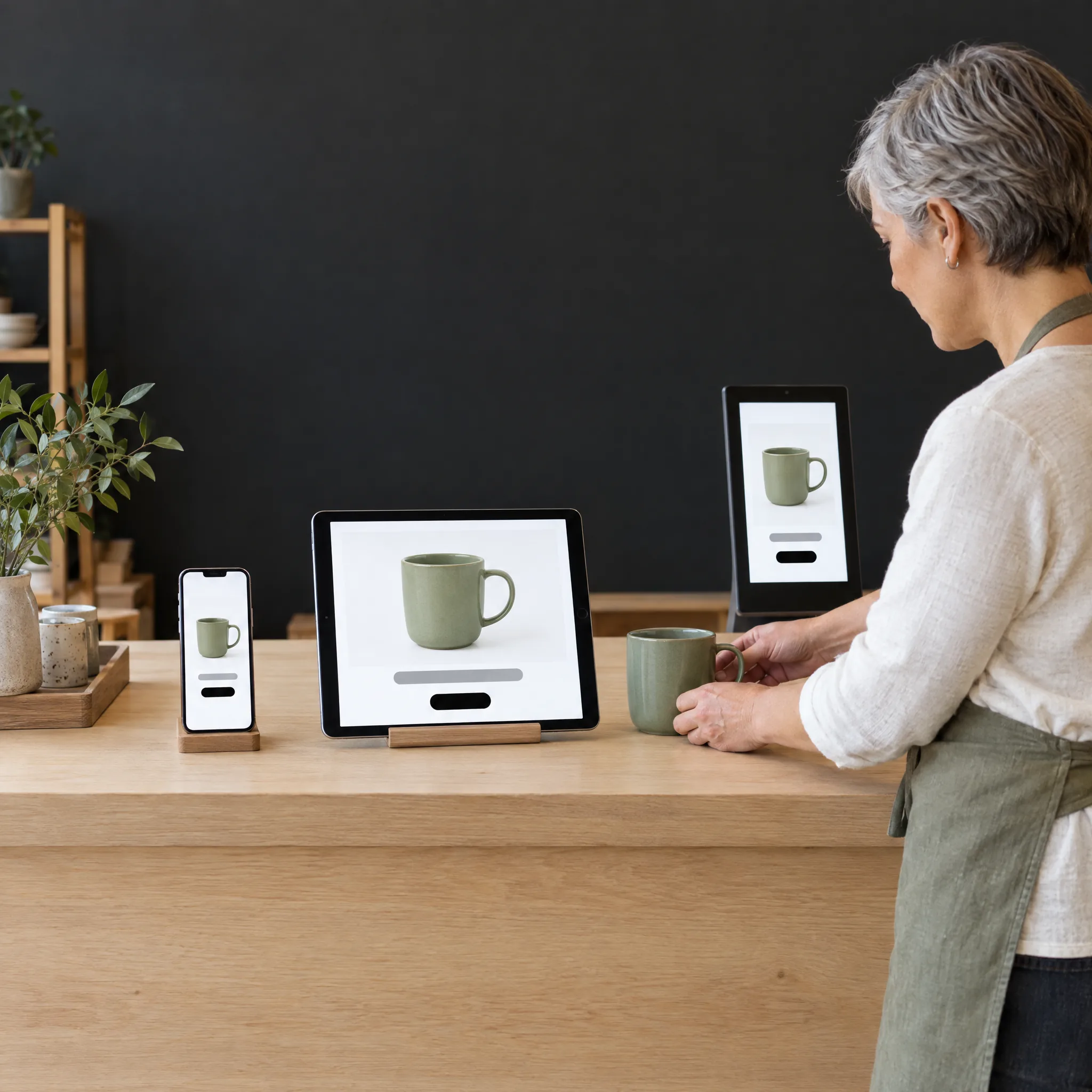 The same ceramic mug shows on a phone, a tablet and an in-store touchscreen on one shop counter The same ceramic mug shows on a phone, a tablet and an in-store touchscreen on one shop counter