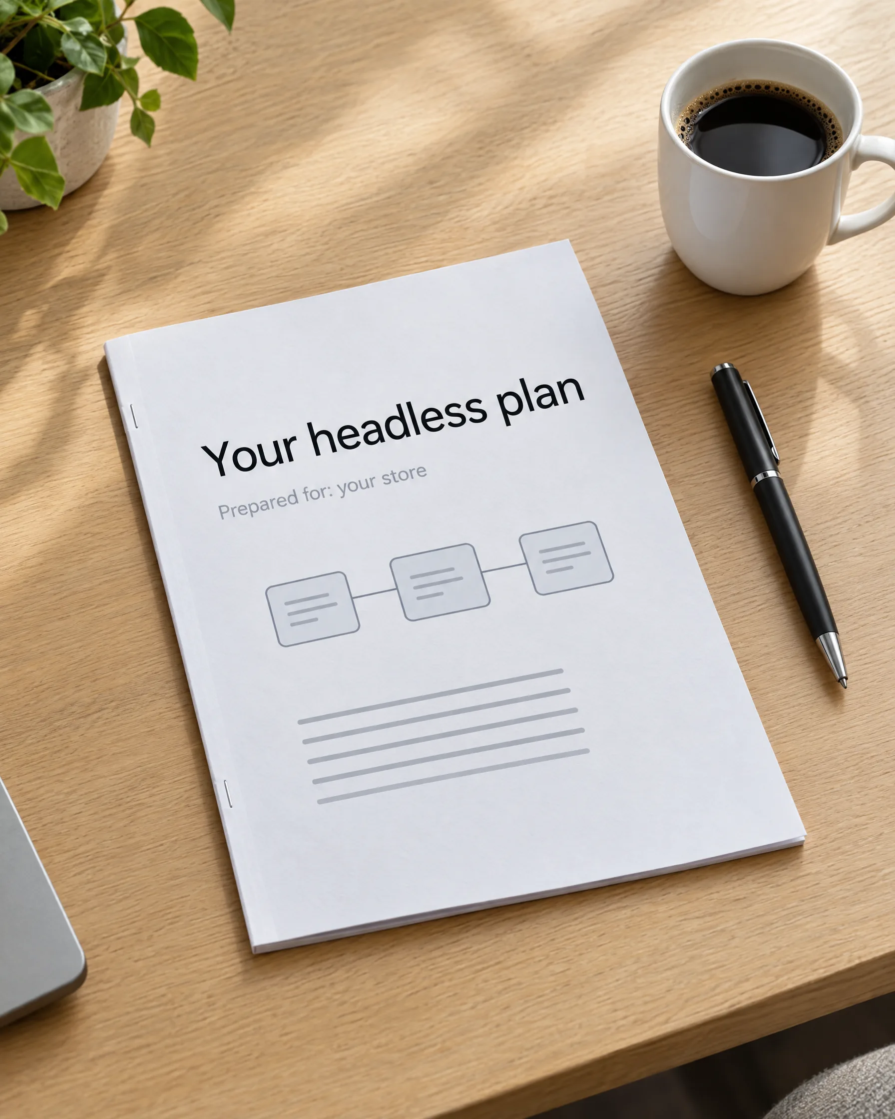 A printed headless plan for your store lies open on a desk next to a pen and a coffee cup A printed headless plan for your store lies open on a desk next to a pen and a coffee cup