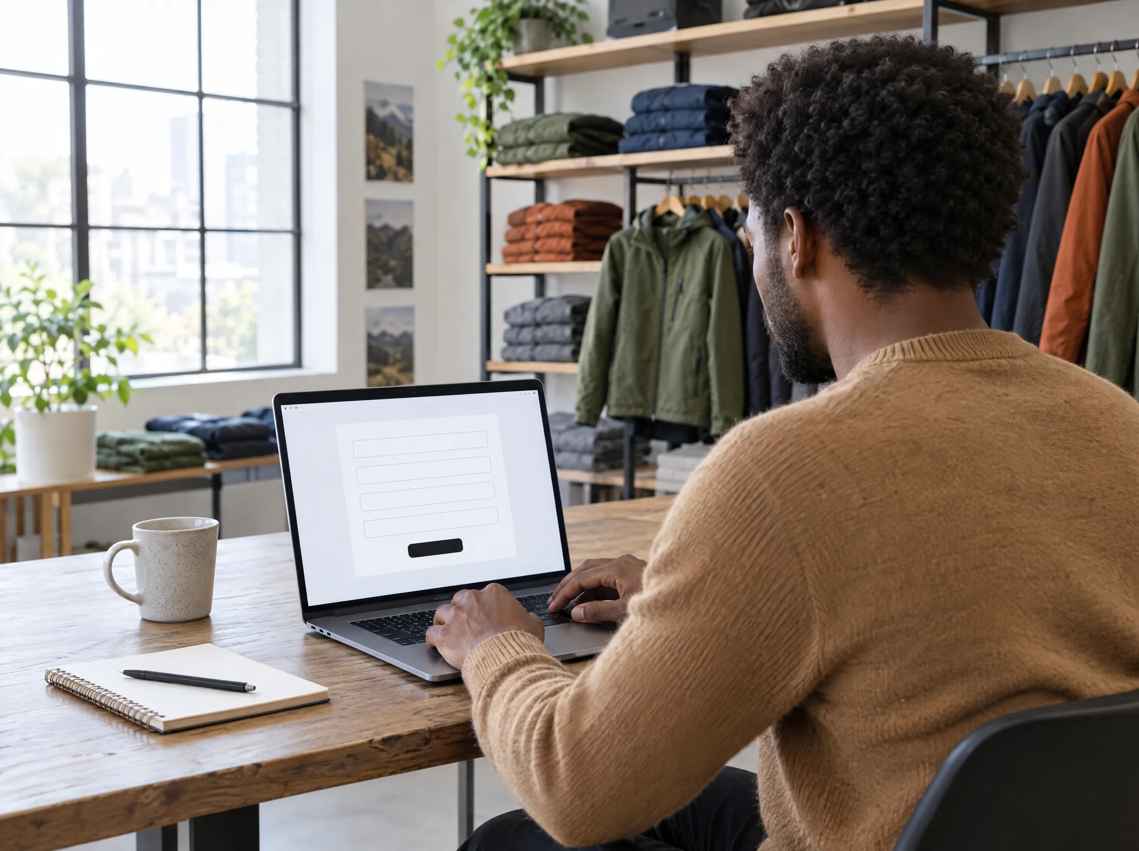 An ecommerce director fills in a short form on a laptop in a bright product studio An ecommerce director fills in a short form on a laptop in a bright product studio