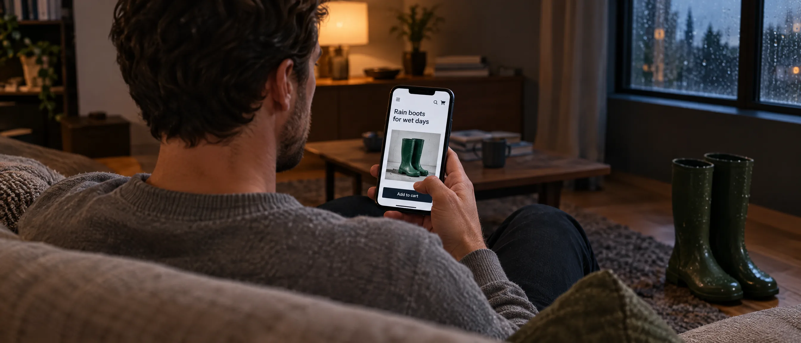 A shopper on a sofa taps an ad and lands on a page with the same boots and the same headline A shopper on a sofa taps an ad and lands on a page with the same boots and the same headline