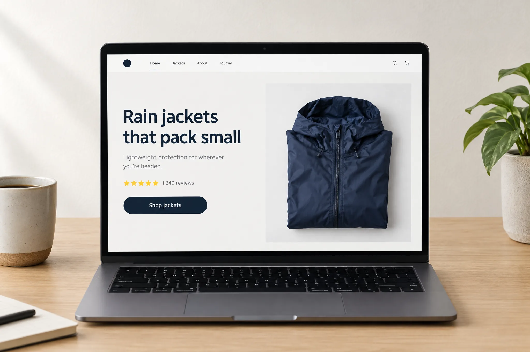 A laptop shows your BigCommerce landing page: headline, product photo, reviews and one main button A laptop shows your BigCommerce landing page: headline, product photo, reviews and one main button