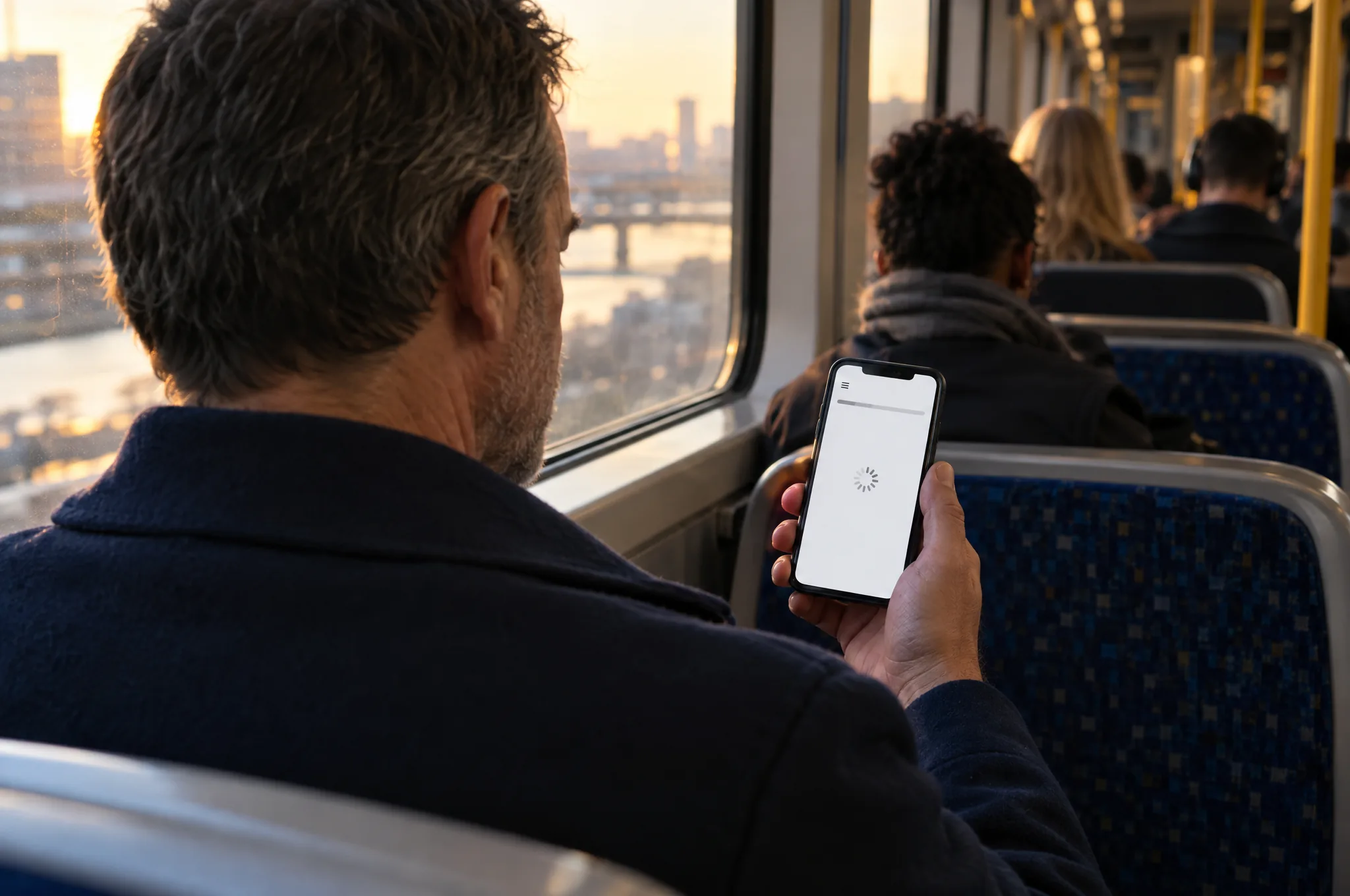 A commuter waits on a phone page that is still loading A commuter waits on a phone page that is still loading
