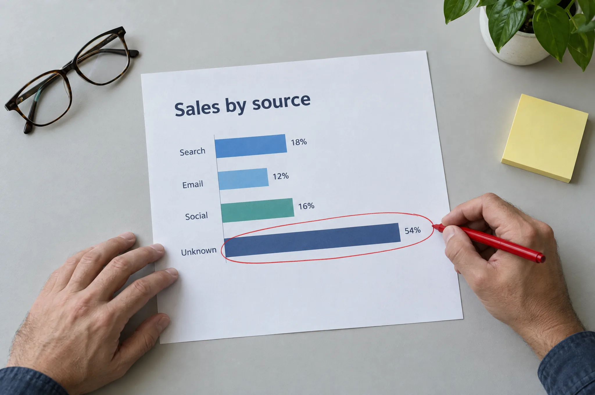 A printed sales by source report where the biggest bar is marked Unknown A printed sales by source report where the biggest bar is marked Unknown