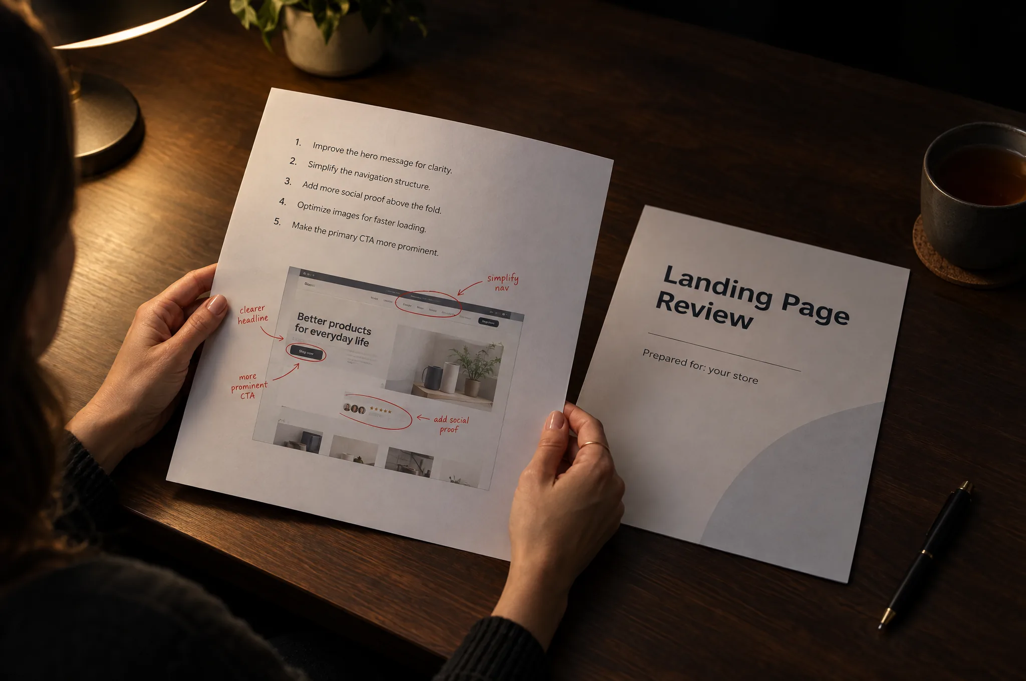 Hands turn the pages of a printed Landing Page Review prepared for your store Hands turn the pages of a printed Landing Page Review prepared for your store