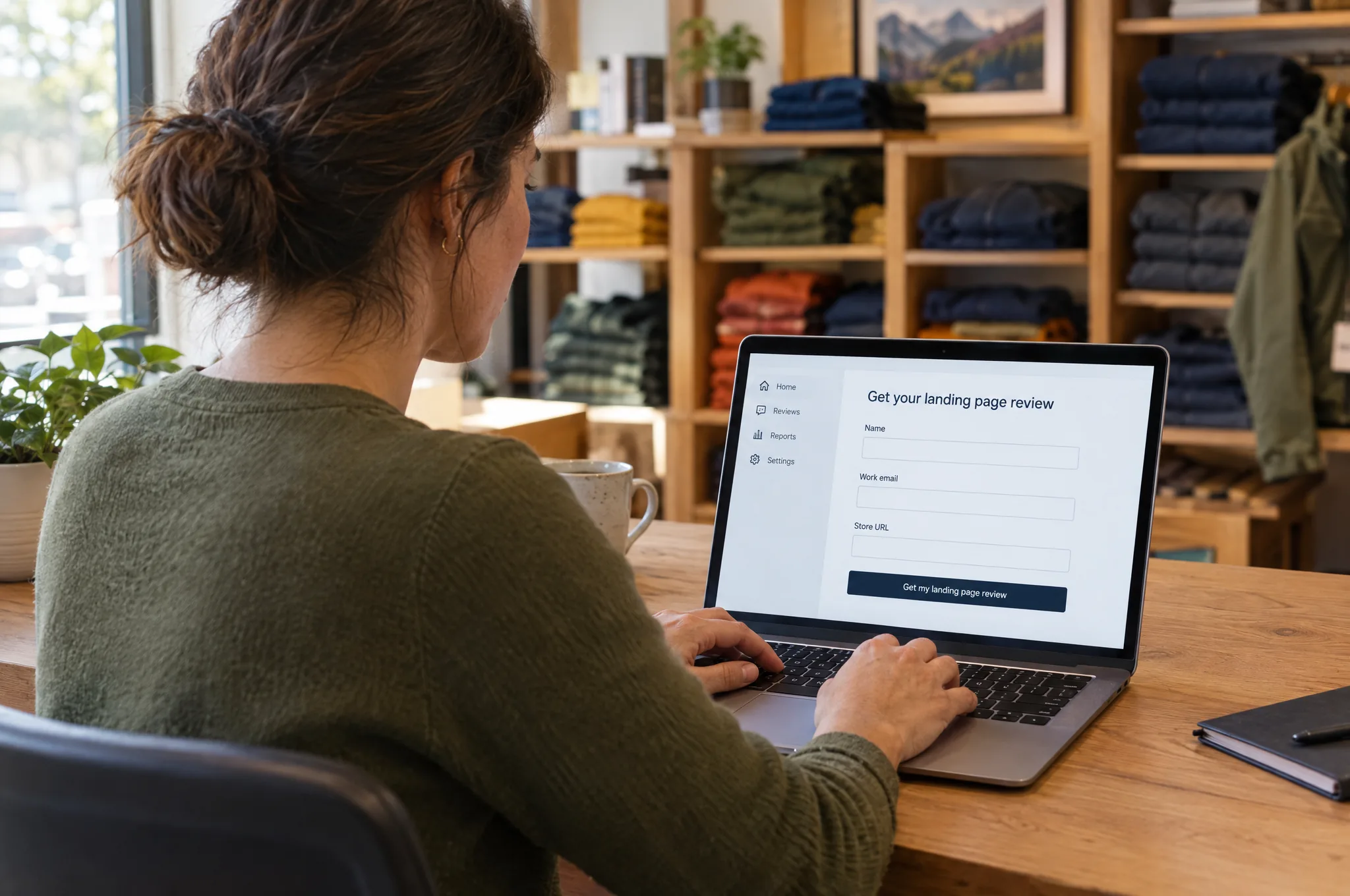 A store marketing manager asks for a landing page review on a short form on her laptop A store marketing manager asks for a landing page review on a short form on her laptop