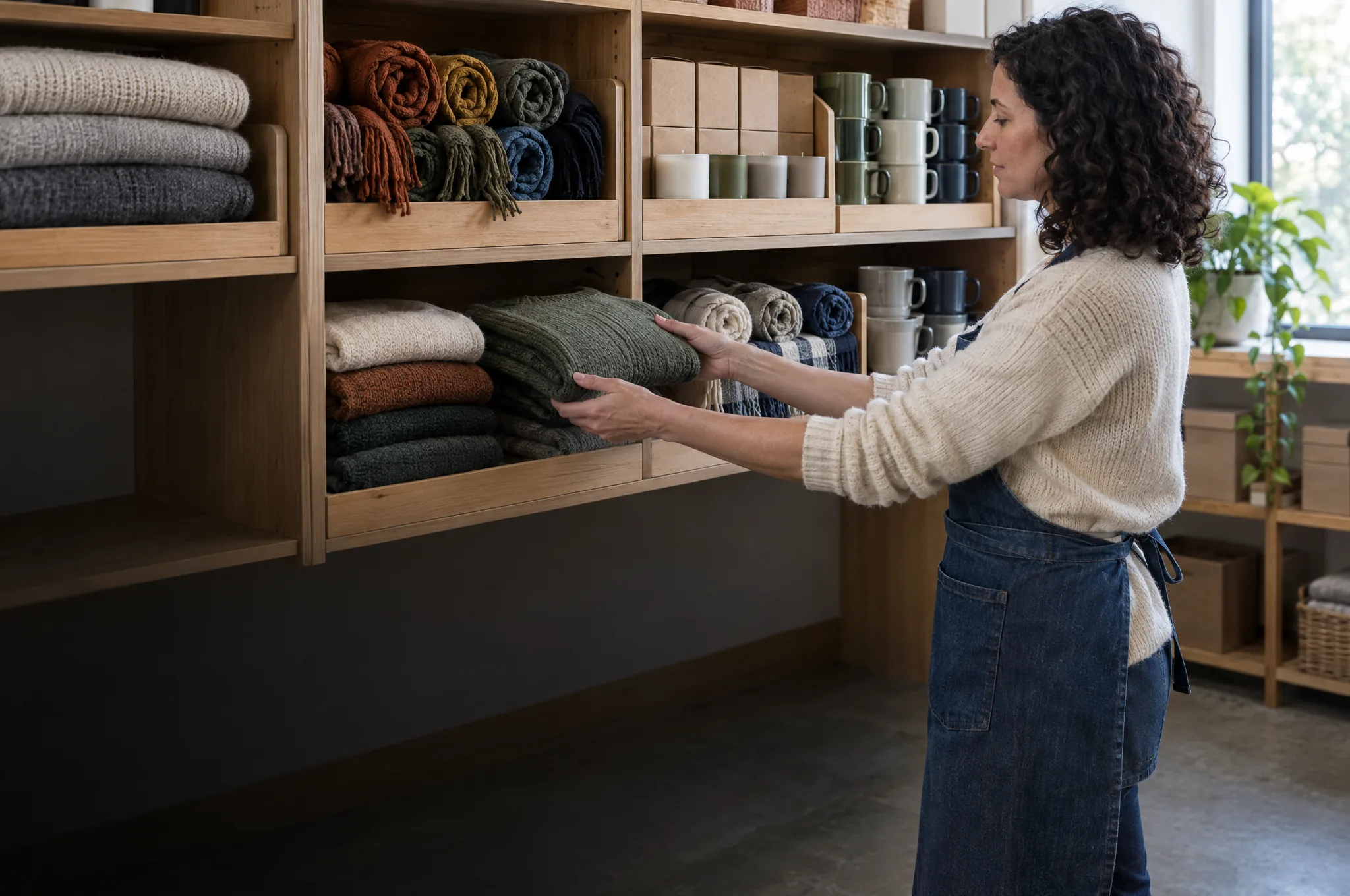 Merchandiser placing a folded sweater into shelf bins grouped by product type Merchandiser placing a folded sweater into shelf bins grouped by product type