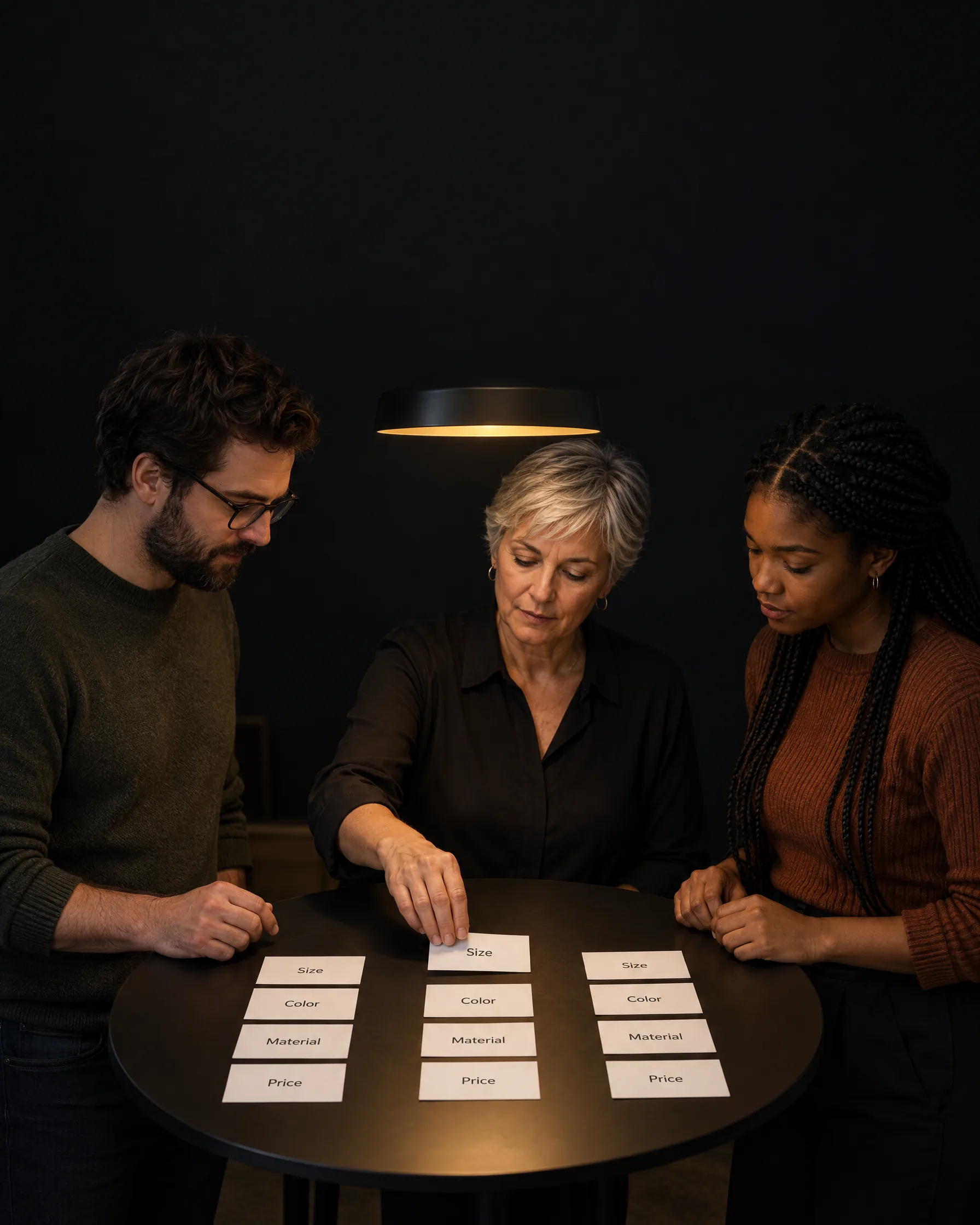 Three colleagues sorting product attribute cards for size, color, material and price Three colleagues sorting product attribute cards for size, color, material and price