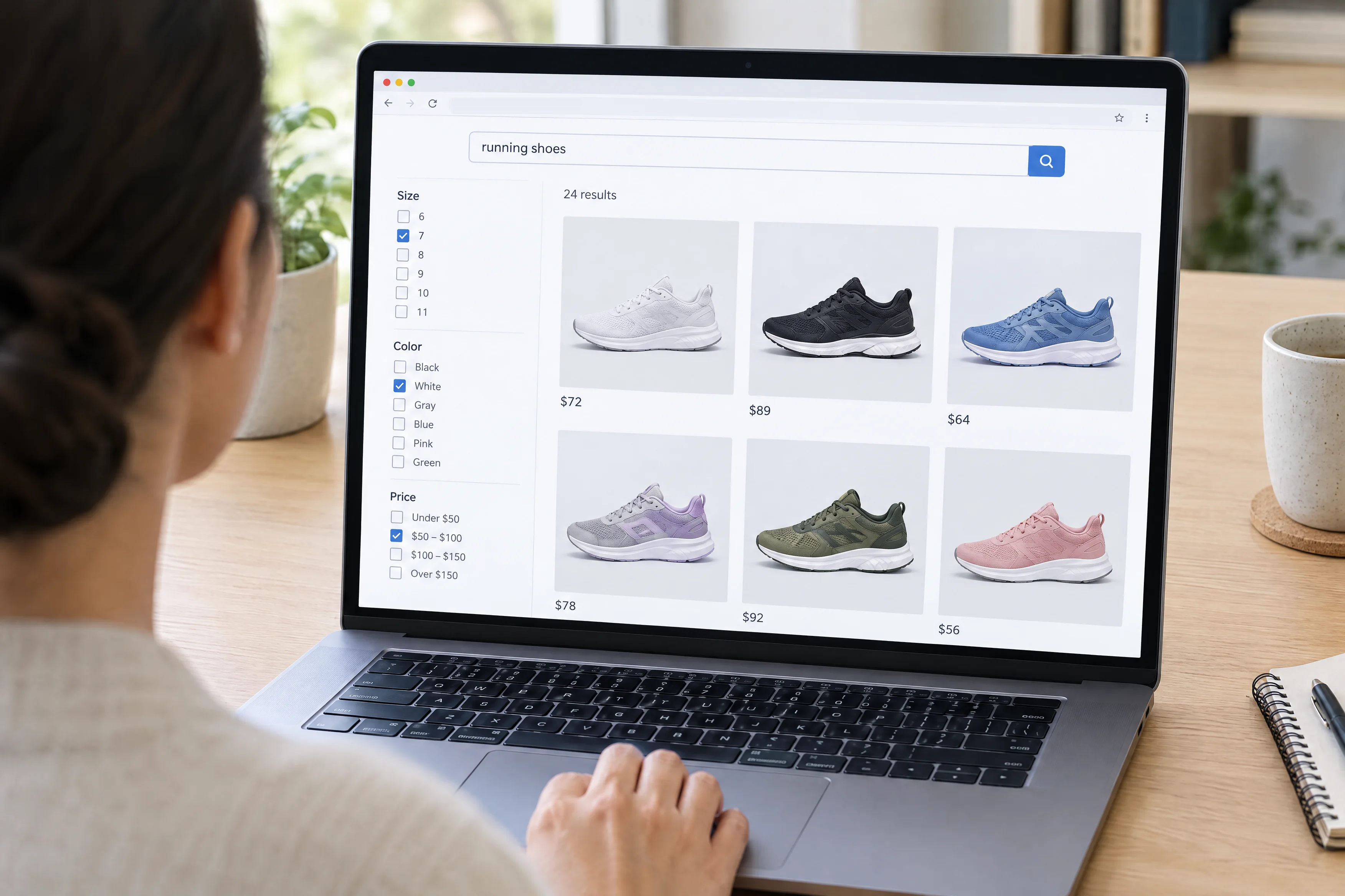 Laptop showing your store category page with a search bar, filters and a product grid Laptop showing your store category page with a search bar, filters and a product grid