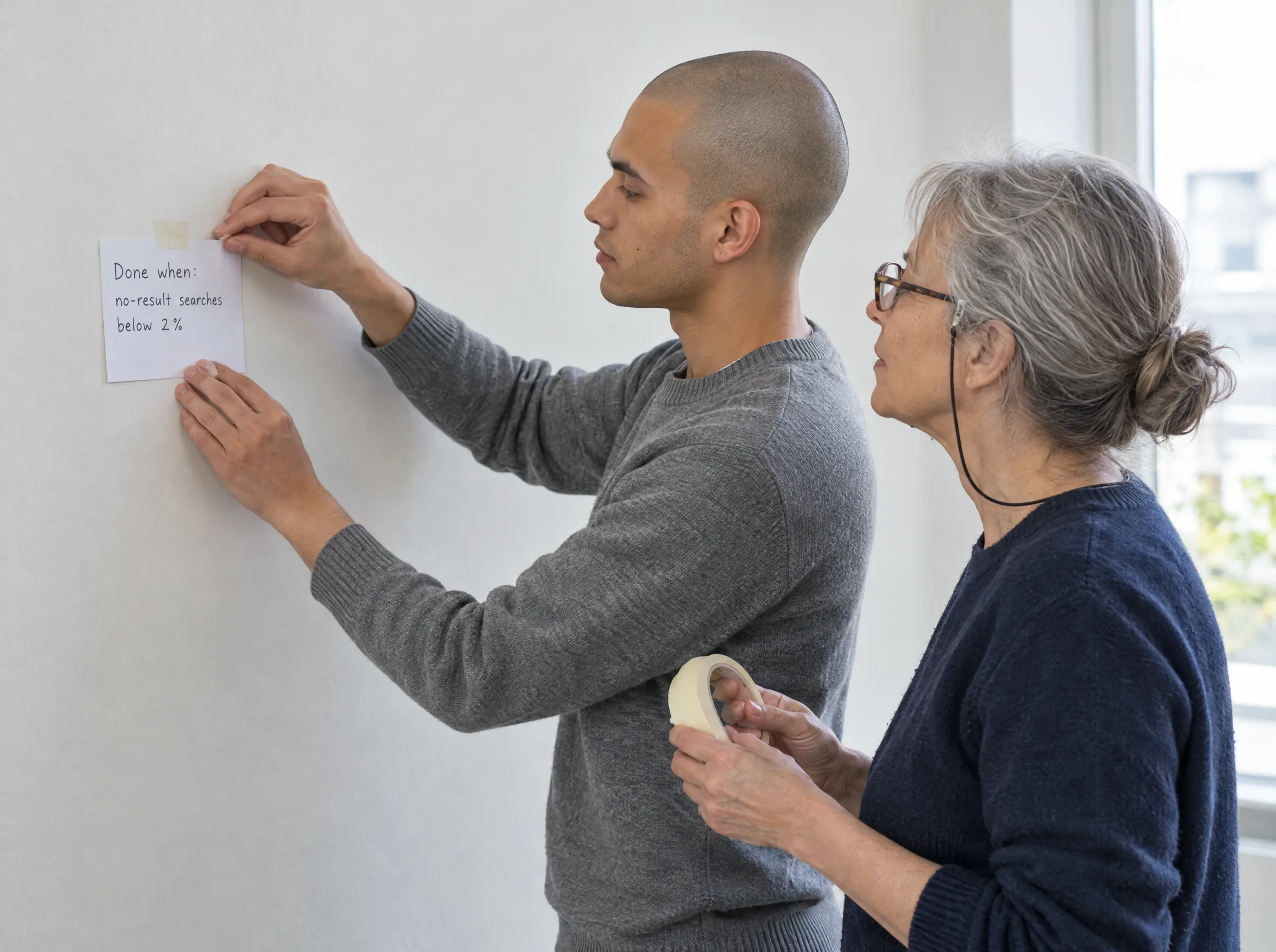 Developer taping a done-when card with a search success number to a wall Developer taping a done-when card with a search success number to a wall