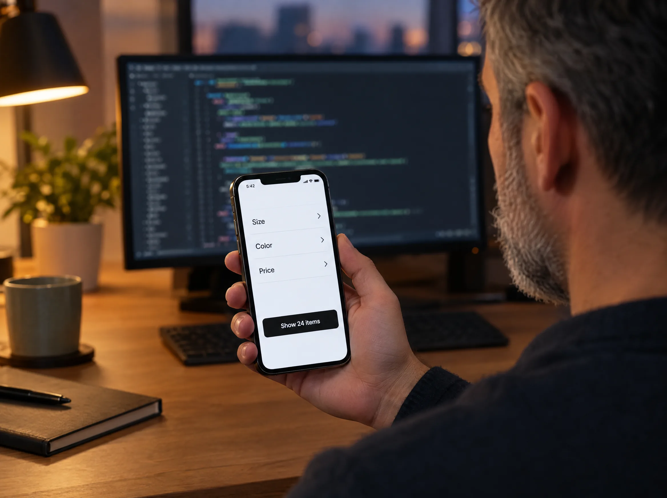 Developer testing a store filter panel on a phone at his desk Developer testing a store filter panel on a phone at his desk
