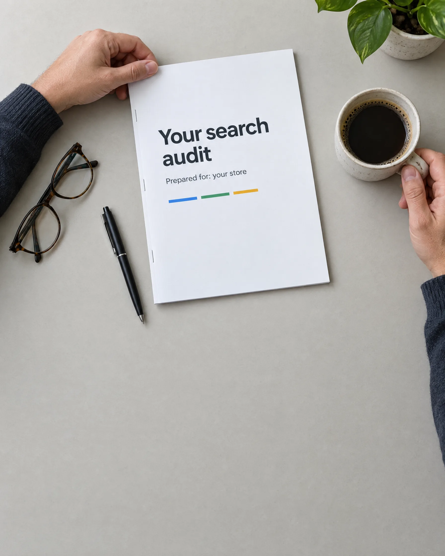 Printed search audit report prepared for your store on a desk Printed search audit report prepared for your store on a desk