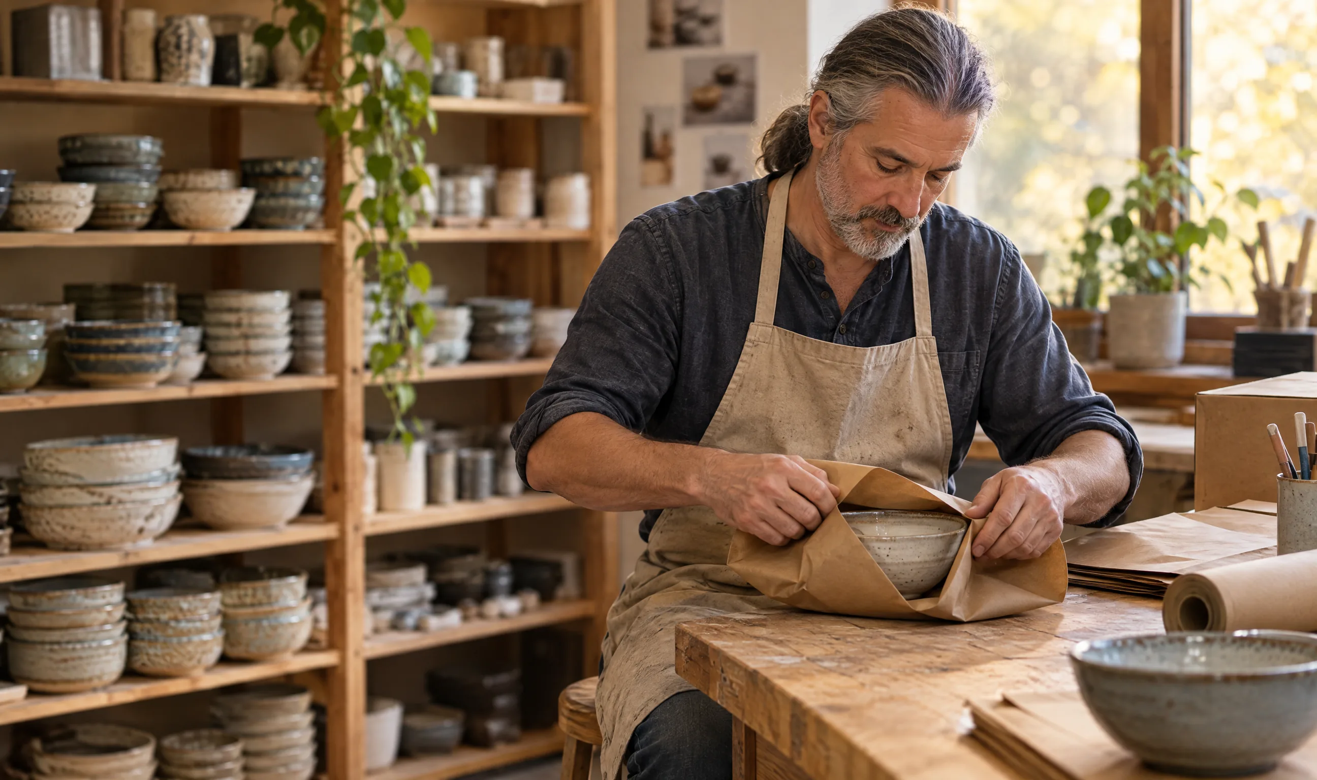 Store owner in a ceramics workshop wrapping a bowl for an order Store owner in a ceramics workshop wrapping a bowl for an order