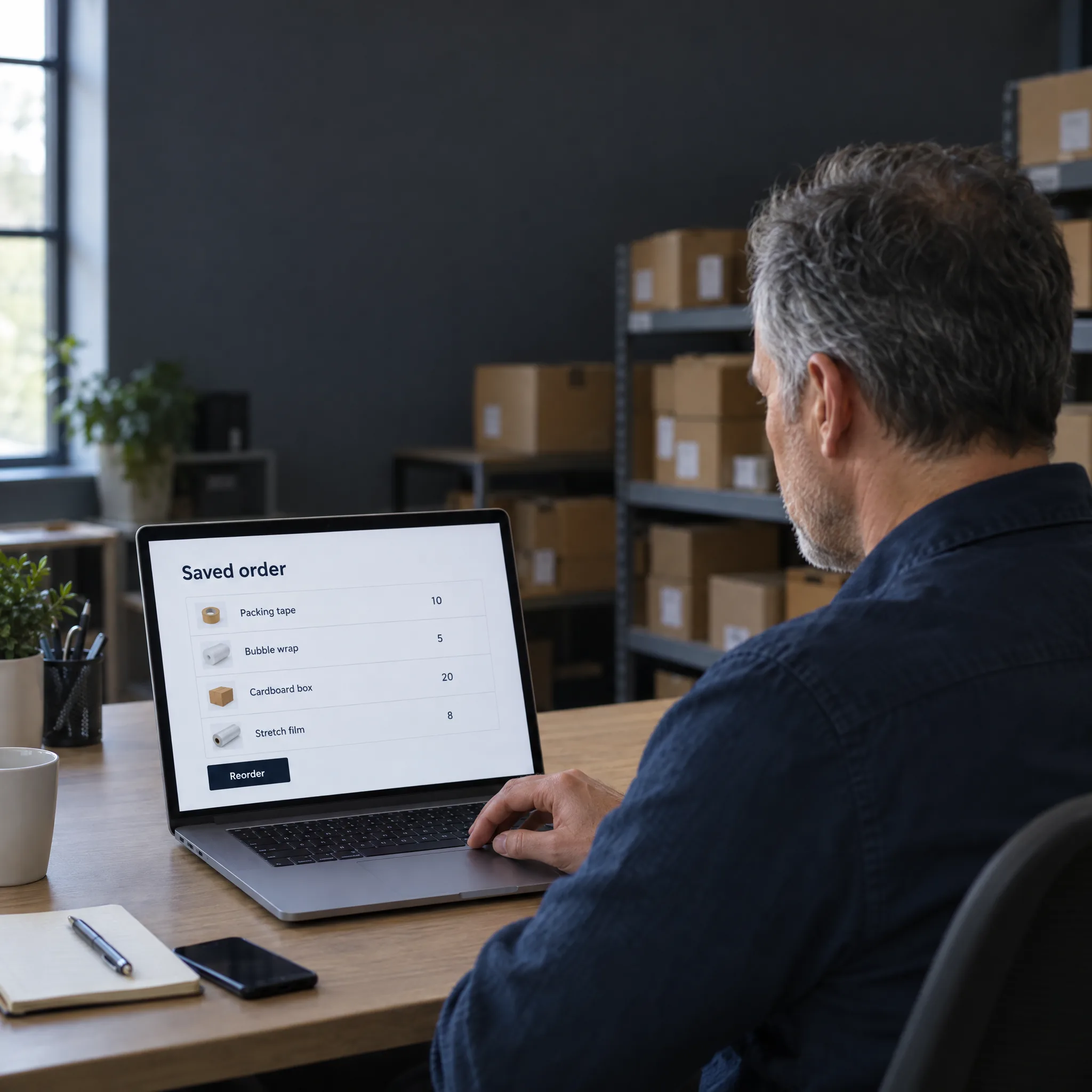 A purchasing manager reorders a saved list of products from a laptop