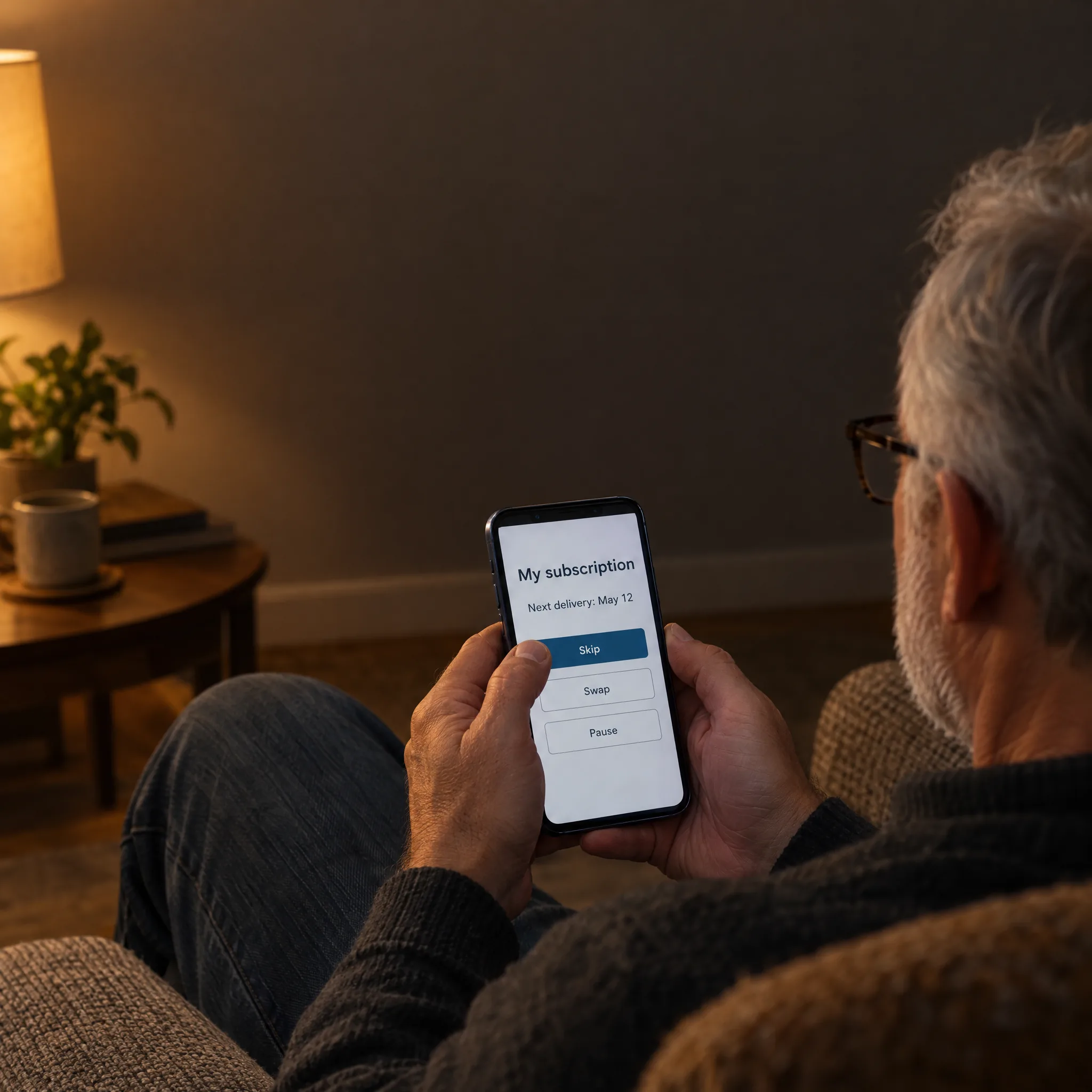 A subscriber skips his next delivery from his subscription page on a phone