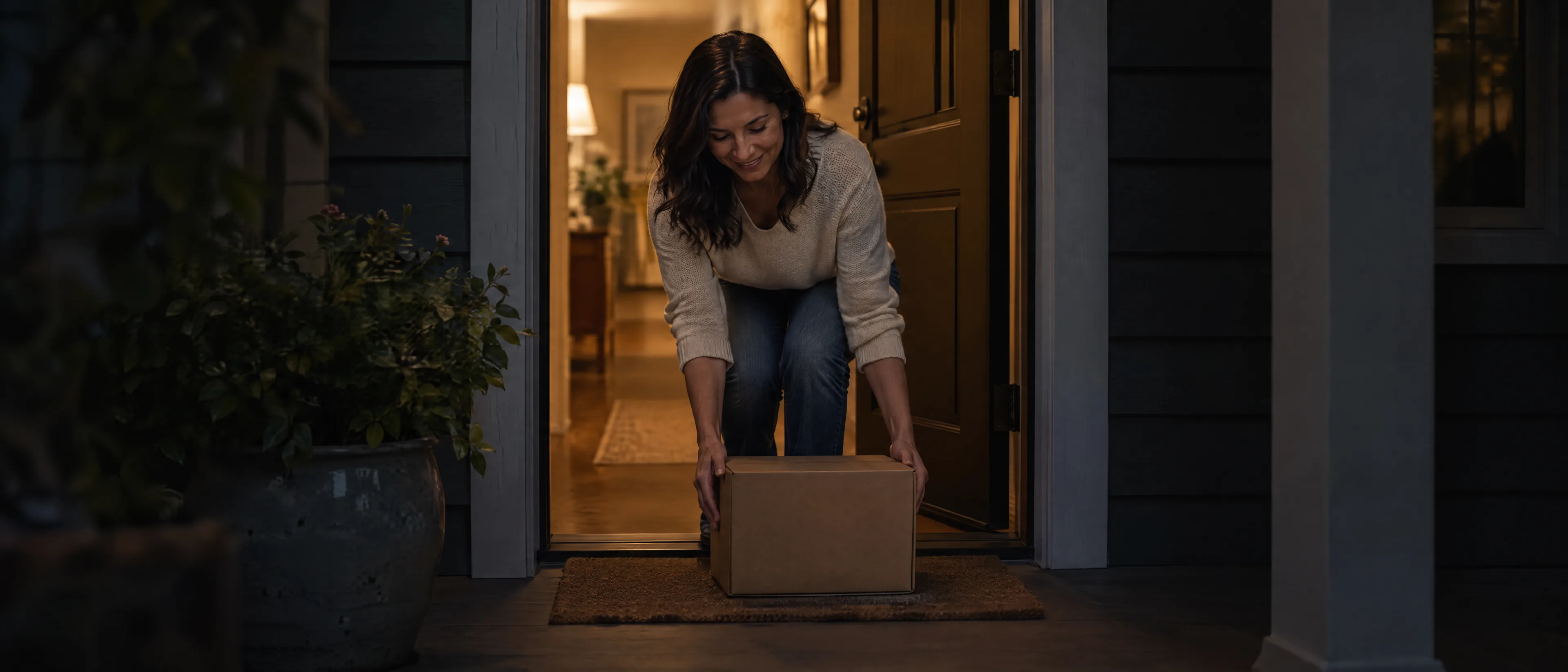 A customer picks up her regular delivery box at her front door in the evening