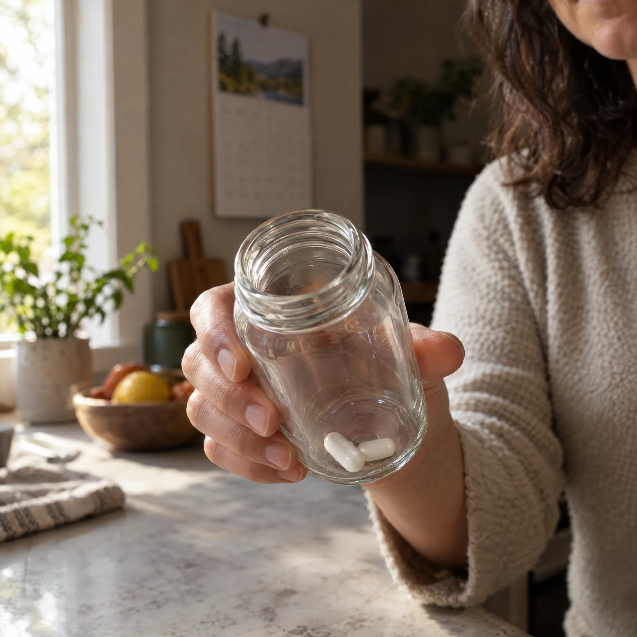A hand tips an almost empty jar of capsules on a kitchen counter