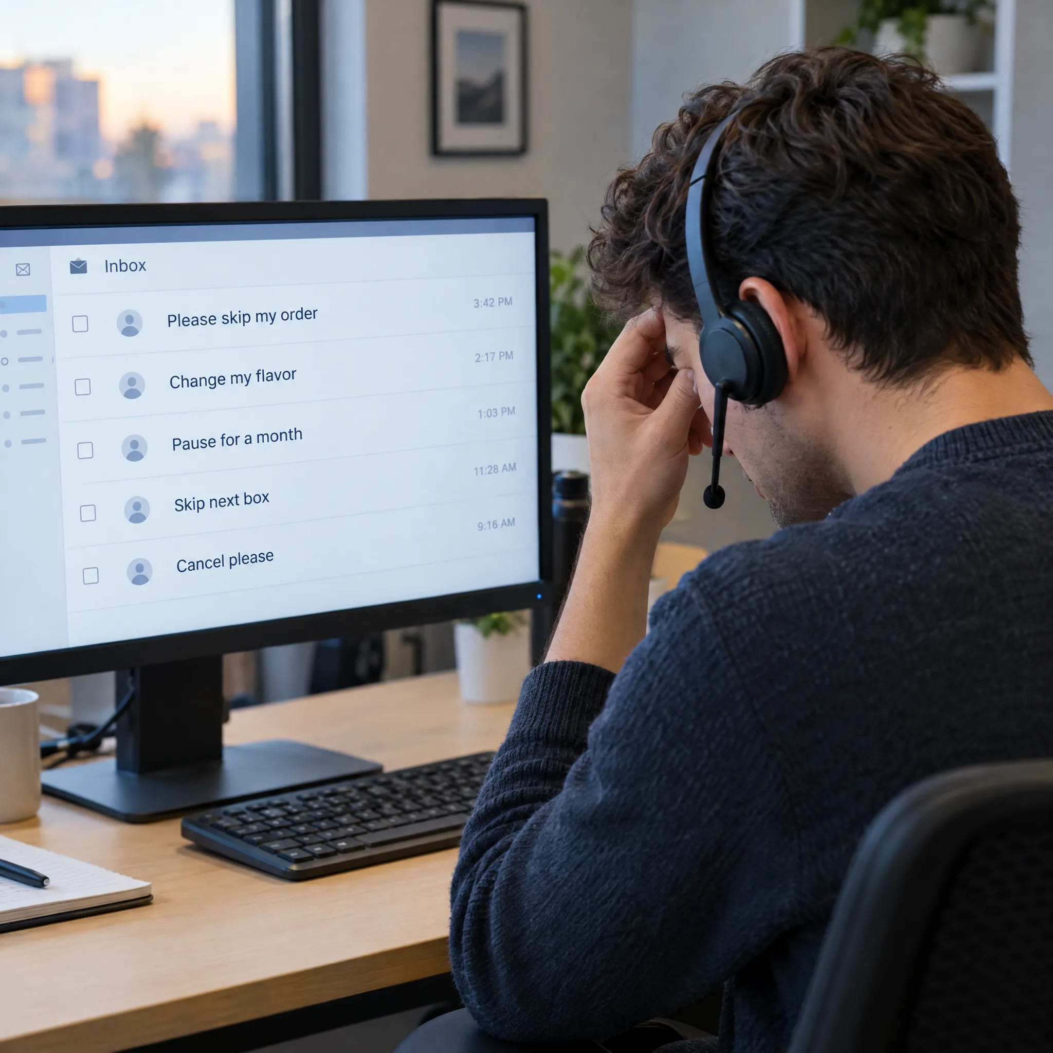 A support agent faces an inbox full of skip and pause requests