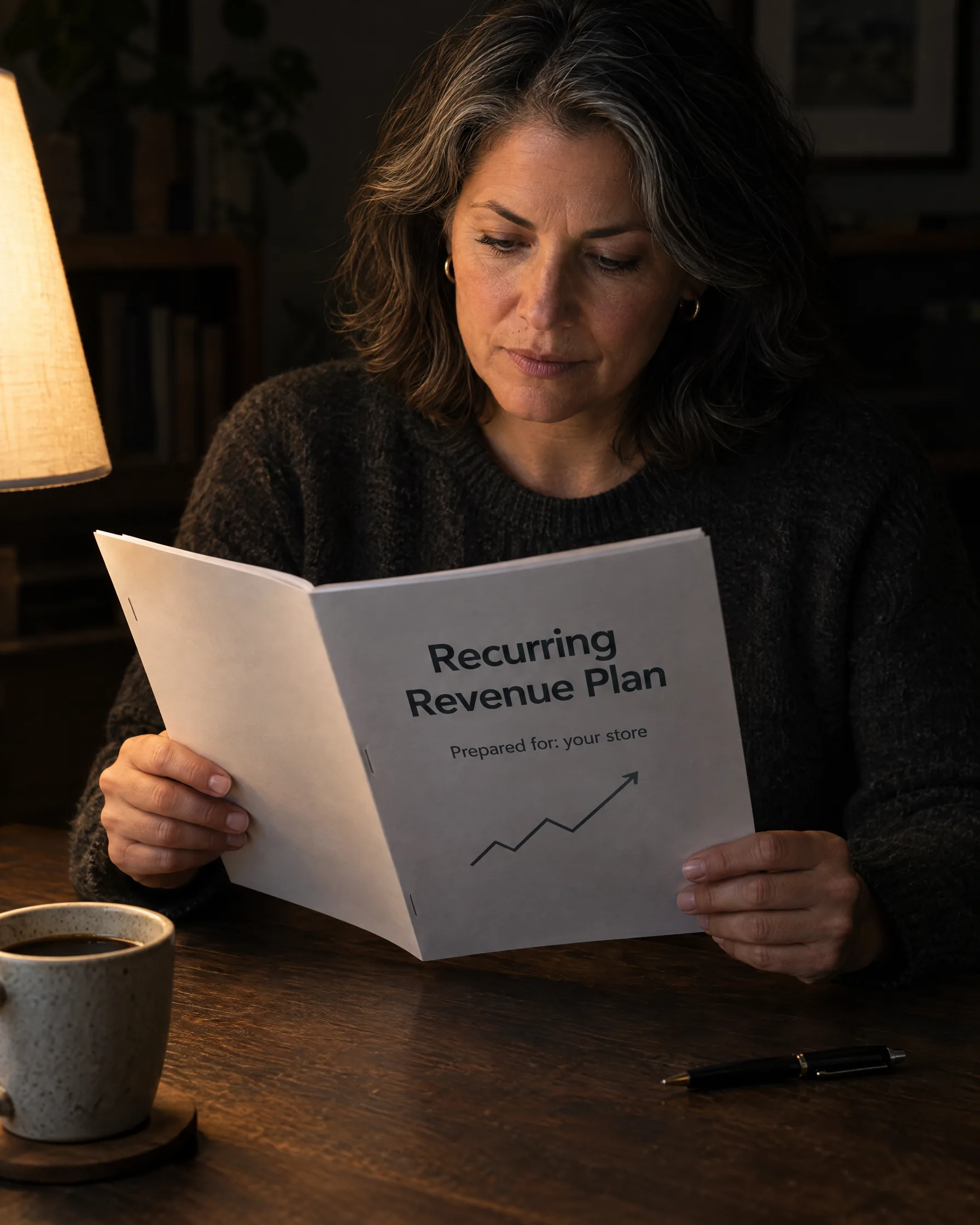A brand owner reads the cover of her recurring revenue plan