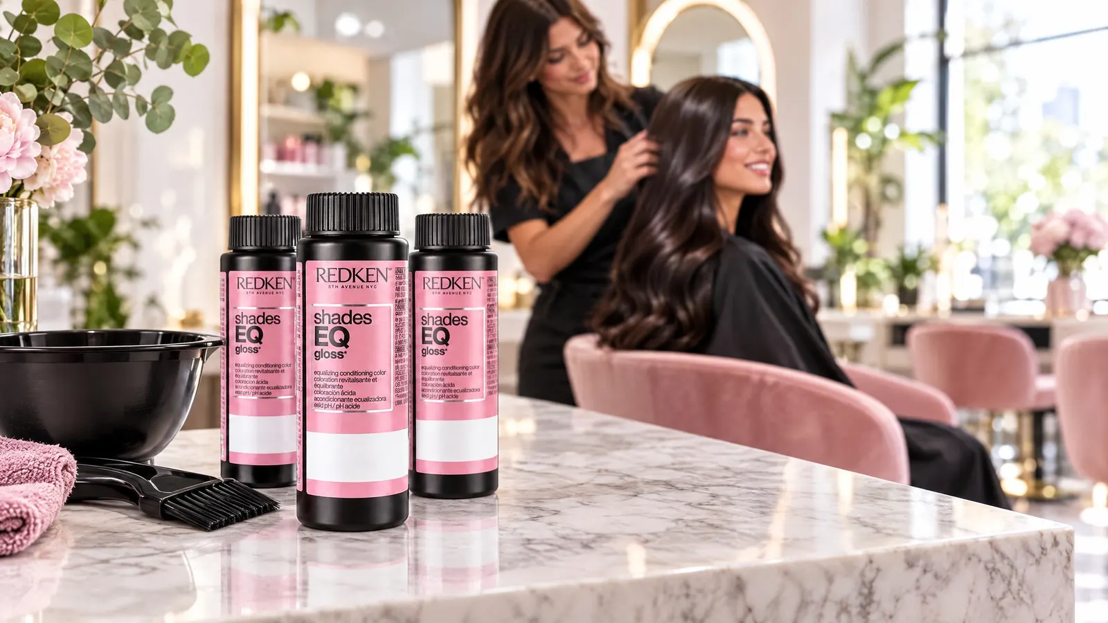 Salon hair care products on a marble counter while a stylist styles a client Salon hair care products on a marble counter while a stylist styles a client
