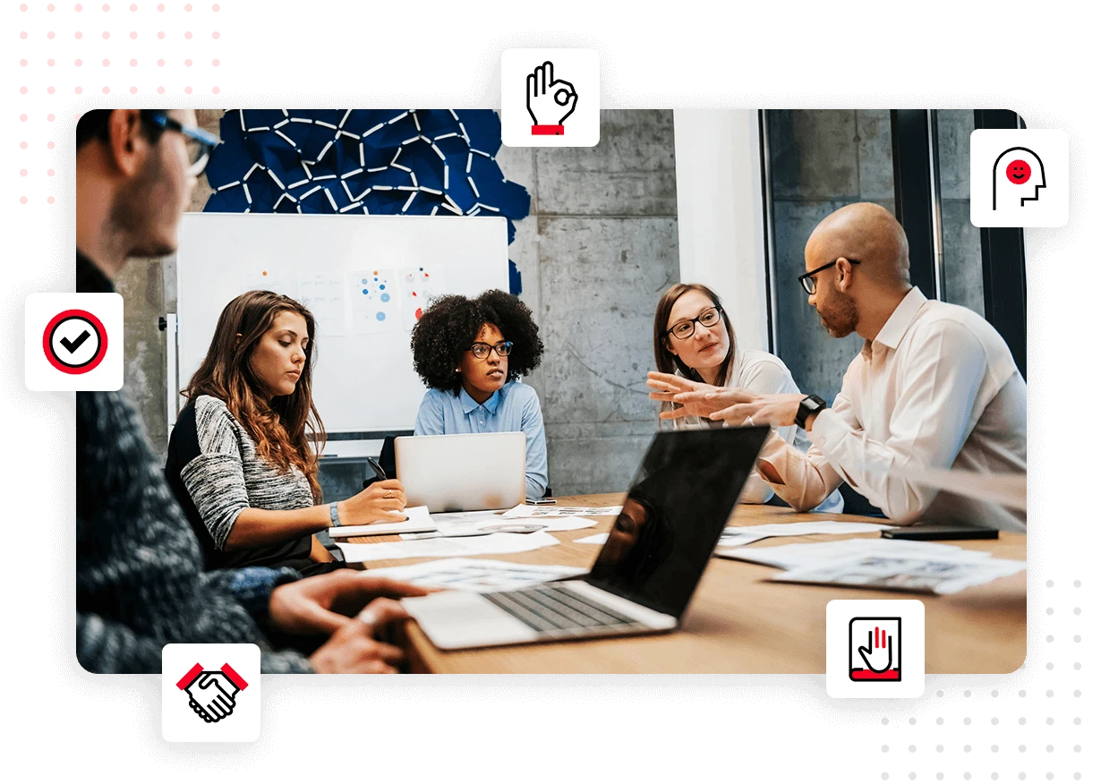 Diverse team collaborating around a conference table, surrounded by icons representing core values including partnership, quality, and positivity Diverse team collaborating around a conference table, surrounded by icons representing core values including partnership, quality, and positivity