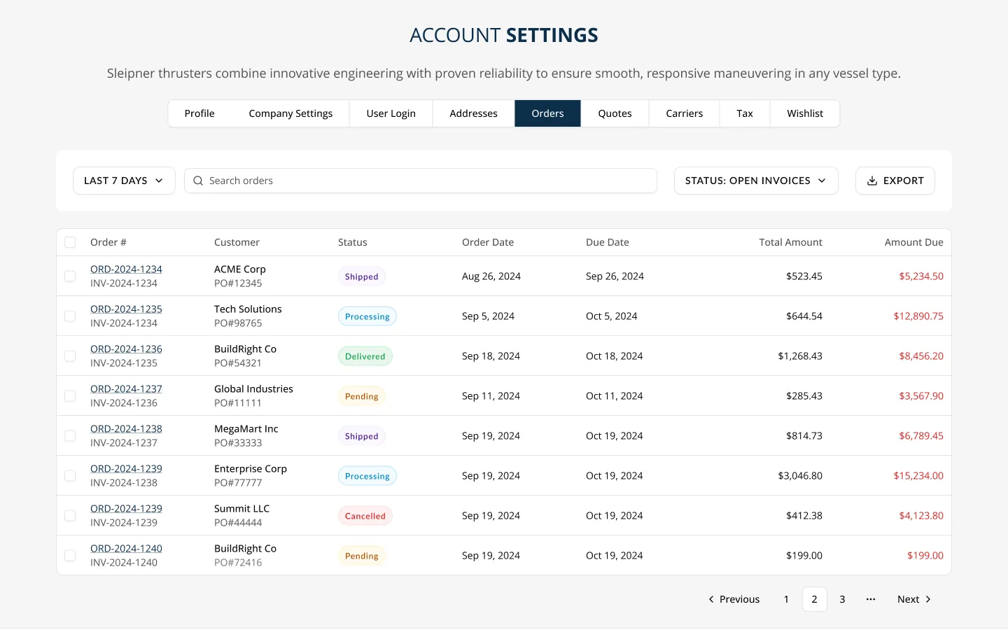 The IMTRA dealer portal Orders screen Redefine built