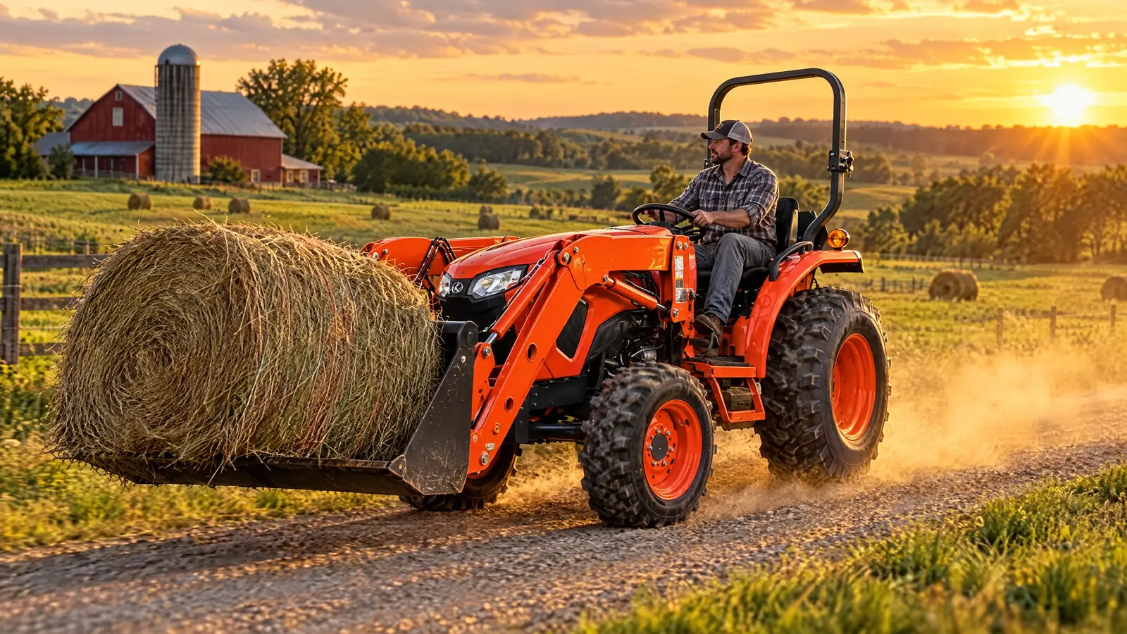 A Lano Equipment tractor carrying a hay bale on a farm road at sunset
