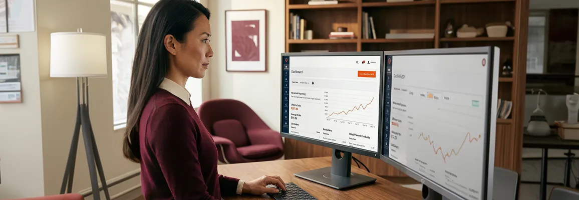 Merchant reviewing Adobe Commerce store analytics on dual monitors at a modern workstation with natural morning window light Merchant reviewing Adobe Commerce store analytics on dual monitors at a modern workstation with natural morning window light