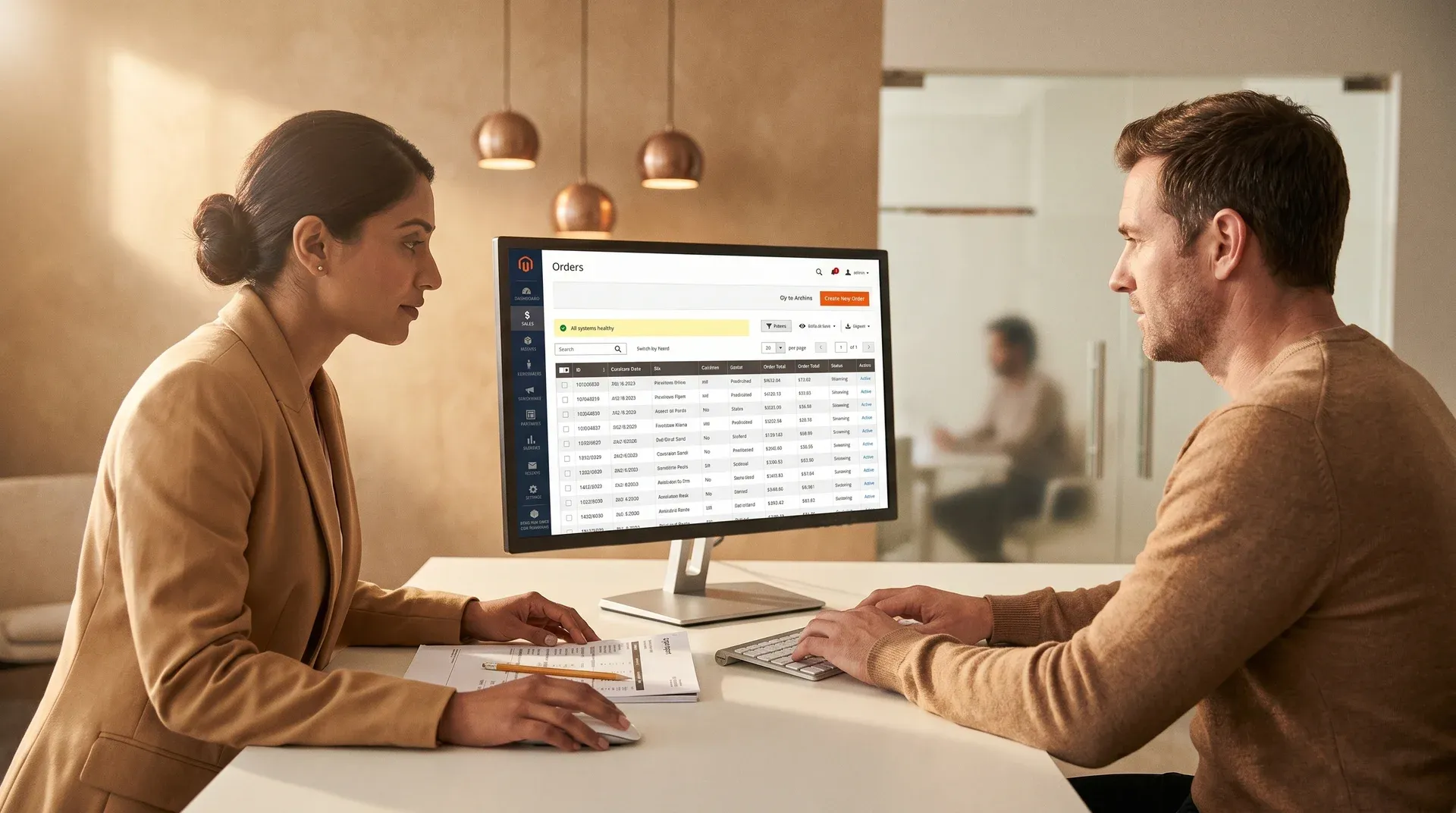 Ecommerce operations team calmly working through a Sales and Orders review at shared desks in a warm camel-toned office Ecommerce operations team calmly working through a Sales and Orders review at shared desks in a warm camel-toned office