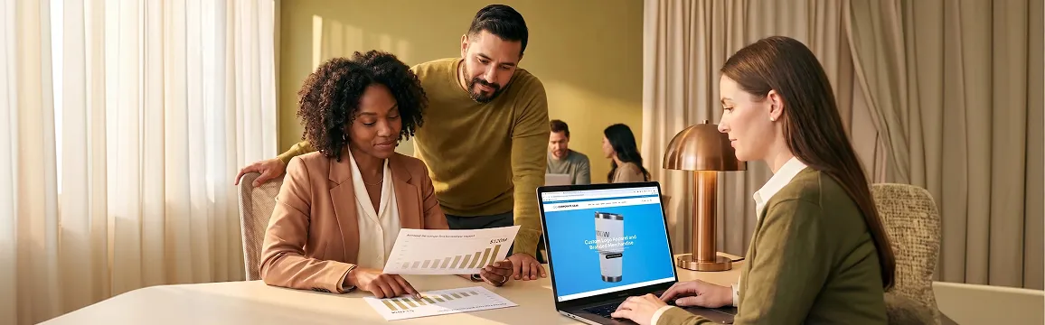 Ecommerce leadership team reviewing strong annual revenue growth results together in a naturally lit office with golden olive accents Ecommerce leadership team reviewing strong annual revenue growth results together in a naturally lit office with golden olive accents