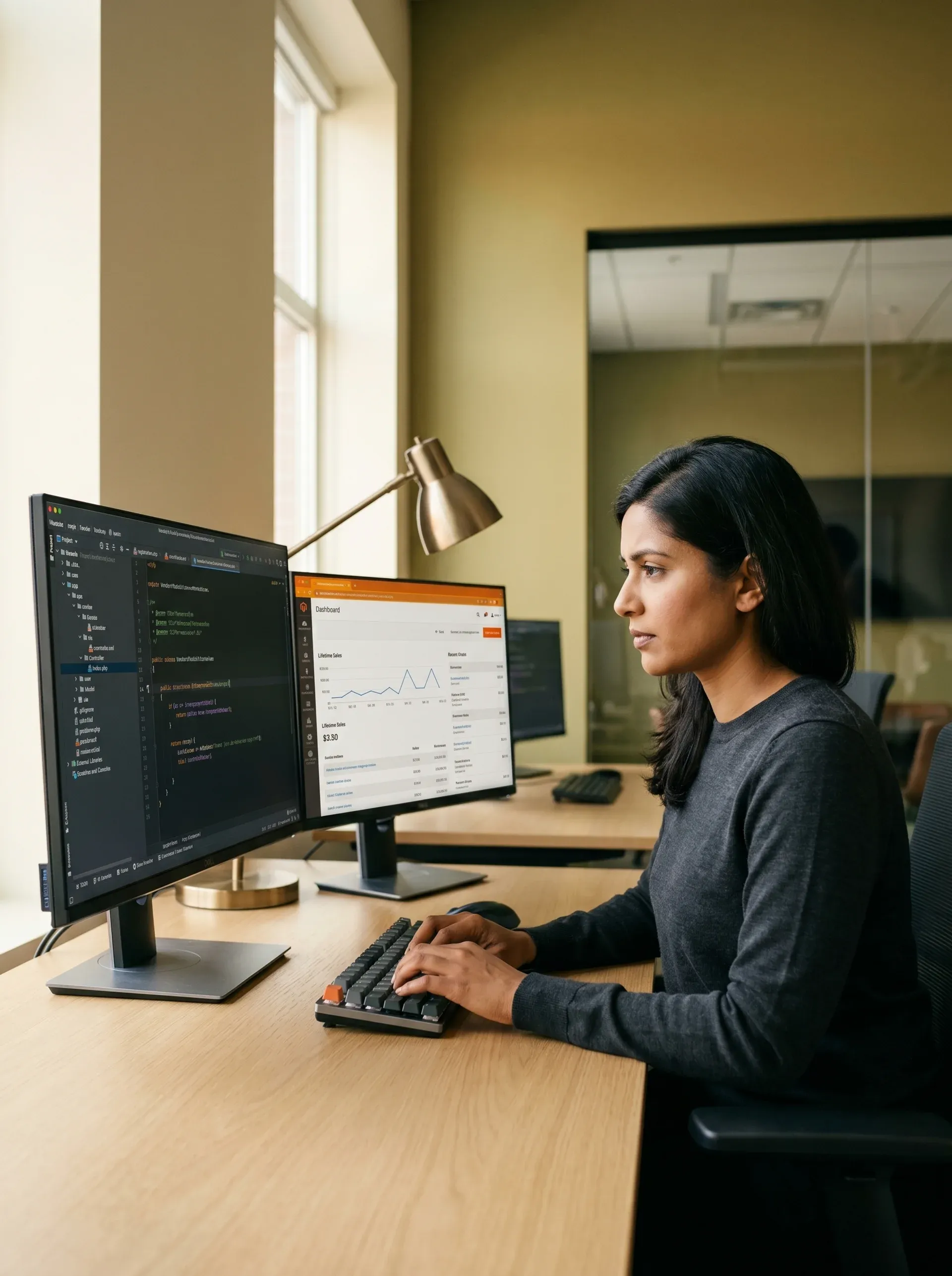 Lead Adobe Commerce engineer reviewing enterprise storefront architecture plans on dual monitors in a modern workspace Lead Adobe Commerce engineer reviewing enterprise storefront architecture plans on dual monitors in a modern workspace