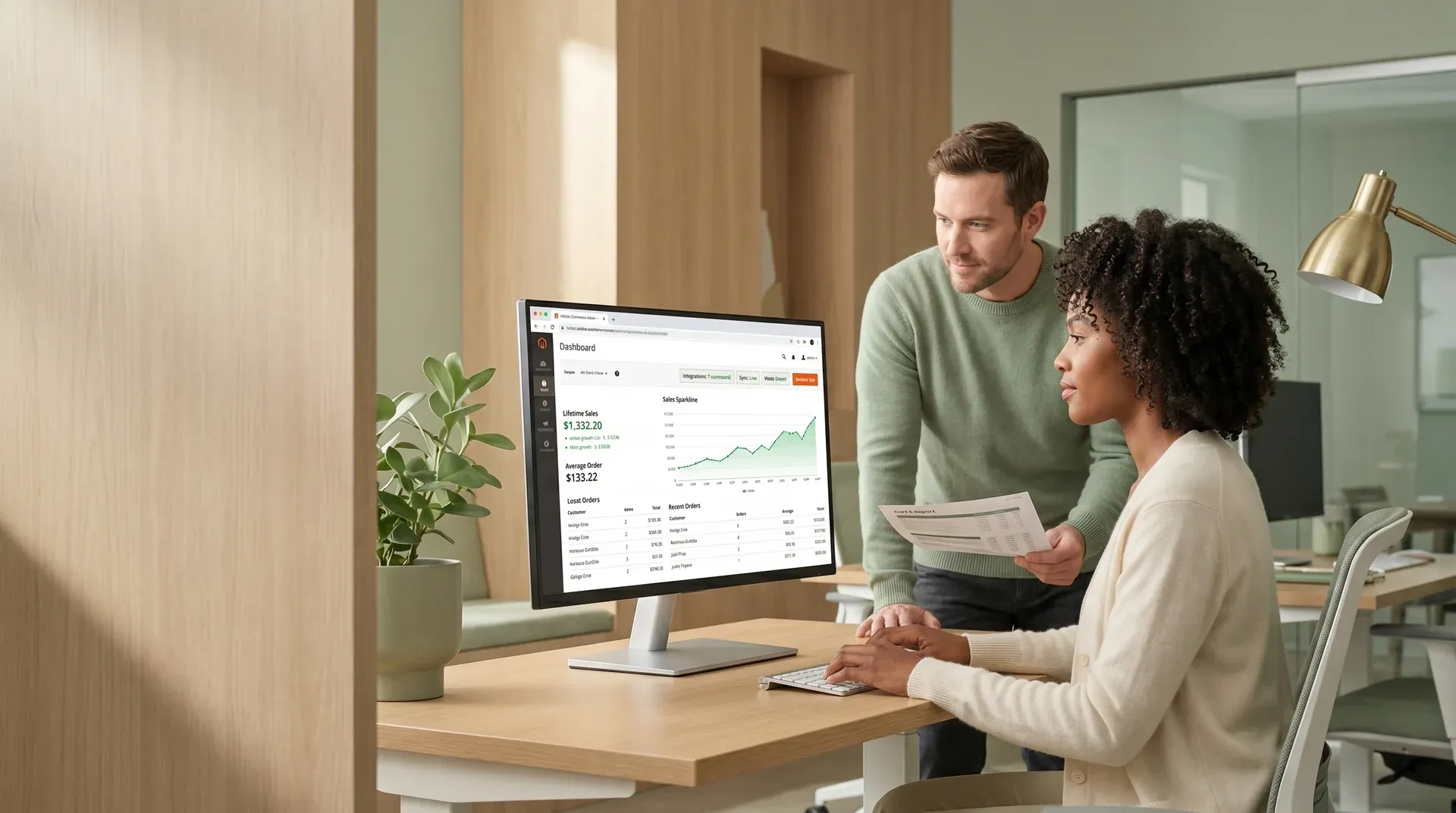 Calm ecommerce operations team reviewing a unified Adobe Commerce admin dashboard with healthy KPIs after platform consolidation Calm ecommerce operations team reviewing a unified Adobe Commerce admin dashboard with healthy KPIs after platform consolidation