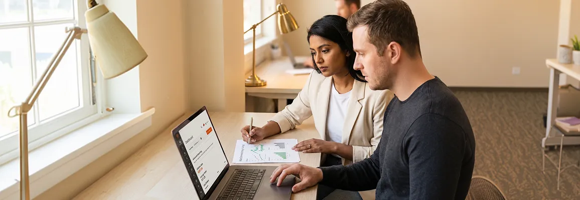 Adobe Commerce consultant and VP ecommerce reviewing platform strategy roadmap together in a natural-light office setting Adobe Commerce consultant and VP ecommerce reviewing platform strategy roadmap together in a natural-light office setting
