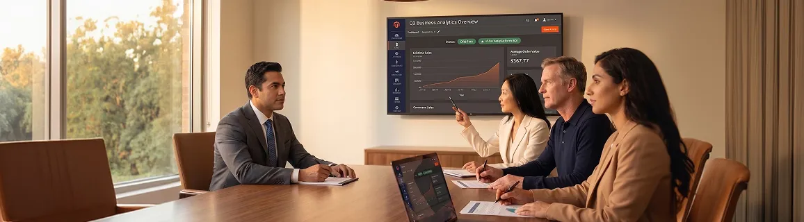 Ecommerce team reviewing Adobe Commerce platform growth results on presentation screen in a boardroom setting Ecommerce team reviewing Adobe Commerce platform growth results on presentation screen in a boardroom setting