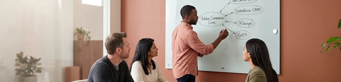 Adobe Commerce consultant presenting platform architecture plan to client leadership team at a whiteboard in natural morning light Adobe Commerce consultant presenting platform architecture plan to client leadership team at a whiteboard in natural morning light