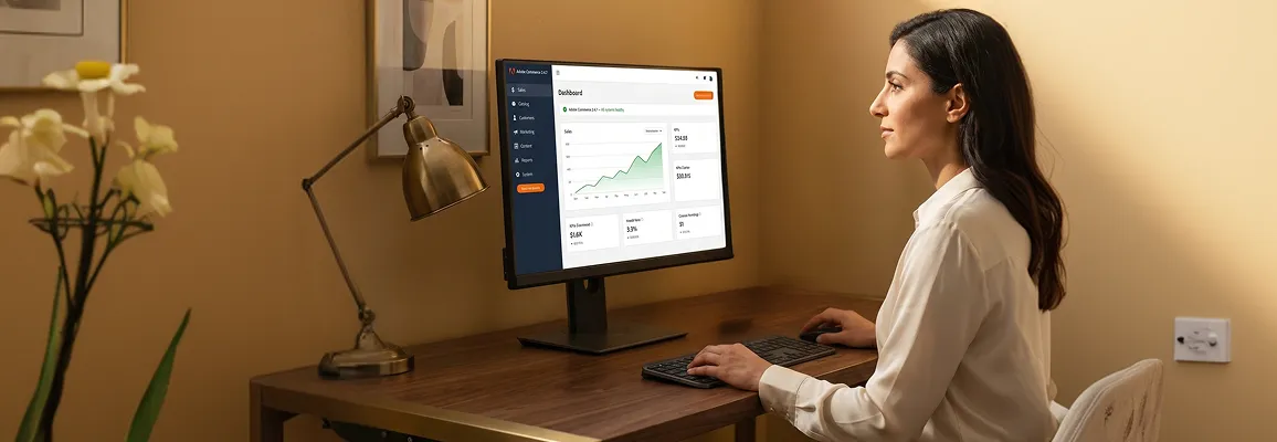 Store owner reviewing improved Adobe Commerce store after Magento upgrade to version 2.4 Store owner reviewing improved Adobe Commerce store after Magento upgrade to version 2.4