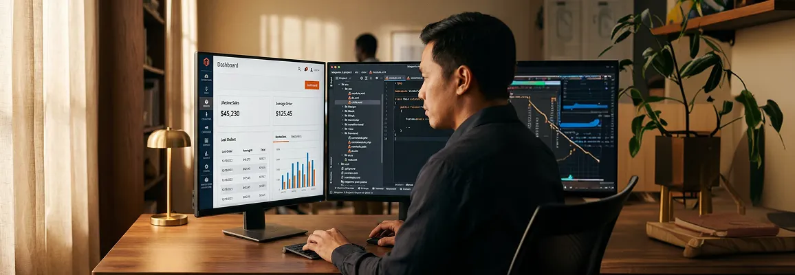 Magento developer reviewing ecommerce admin dashboard at dual monitors in natural light Magento developer reviewing ecommerce admin dashboard at dual monitors in natural light
