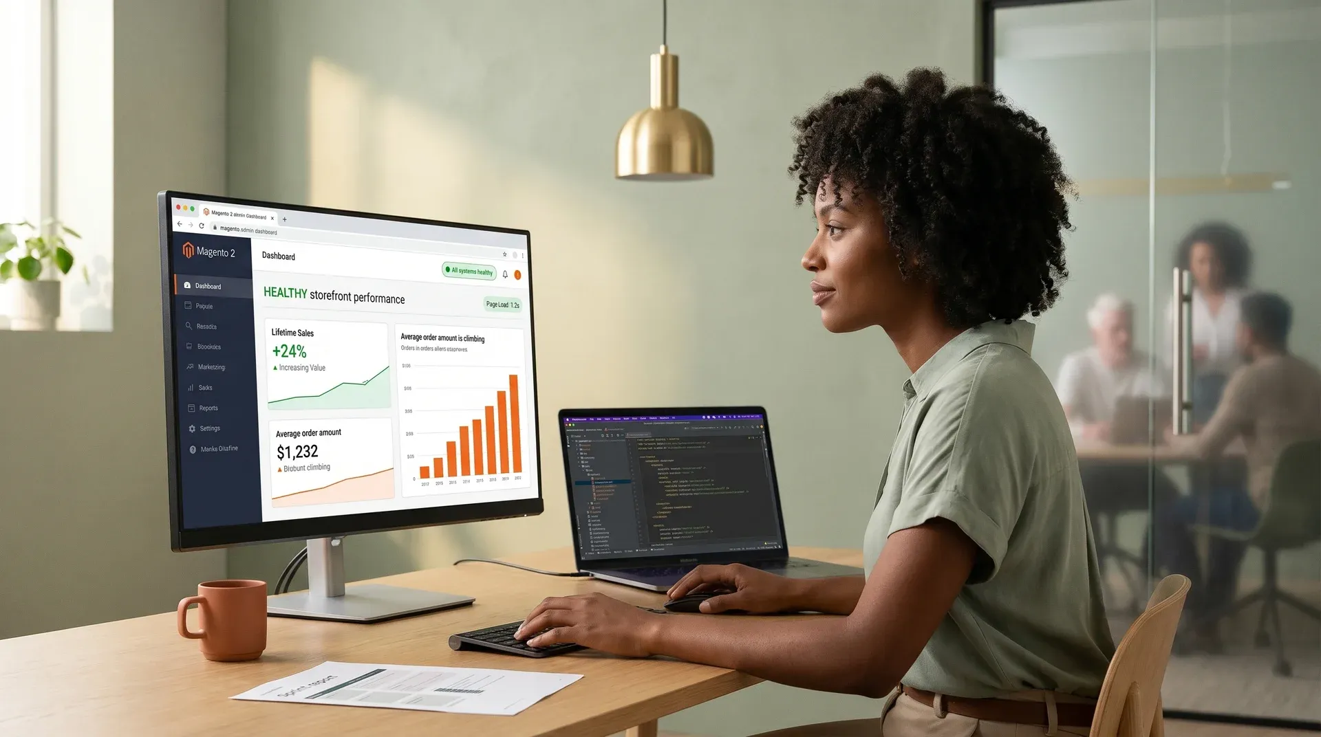 Black ecommerce ops lead calmly reviewing a healthy Magento 2 admin dashboard with green deltas after rebuild, soft sage green agency workspace Black ecommerce ops lead calmly reviewing a healthy Magento 2 admin dashboard with green deltas after rebuild, soft sage green agency workspace
