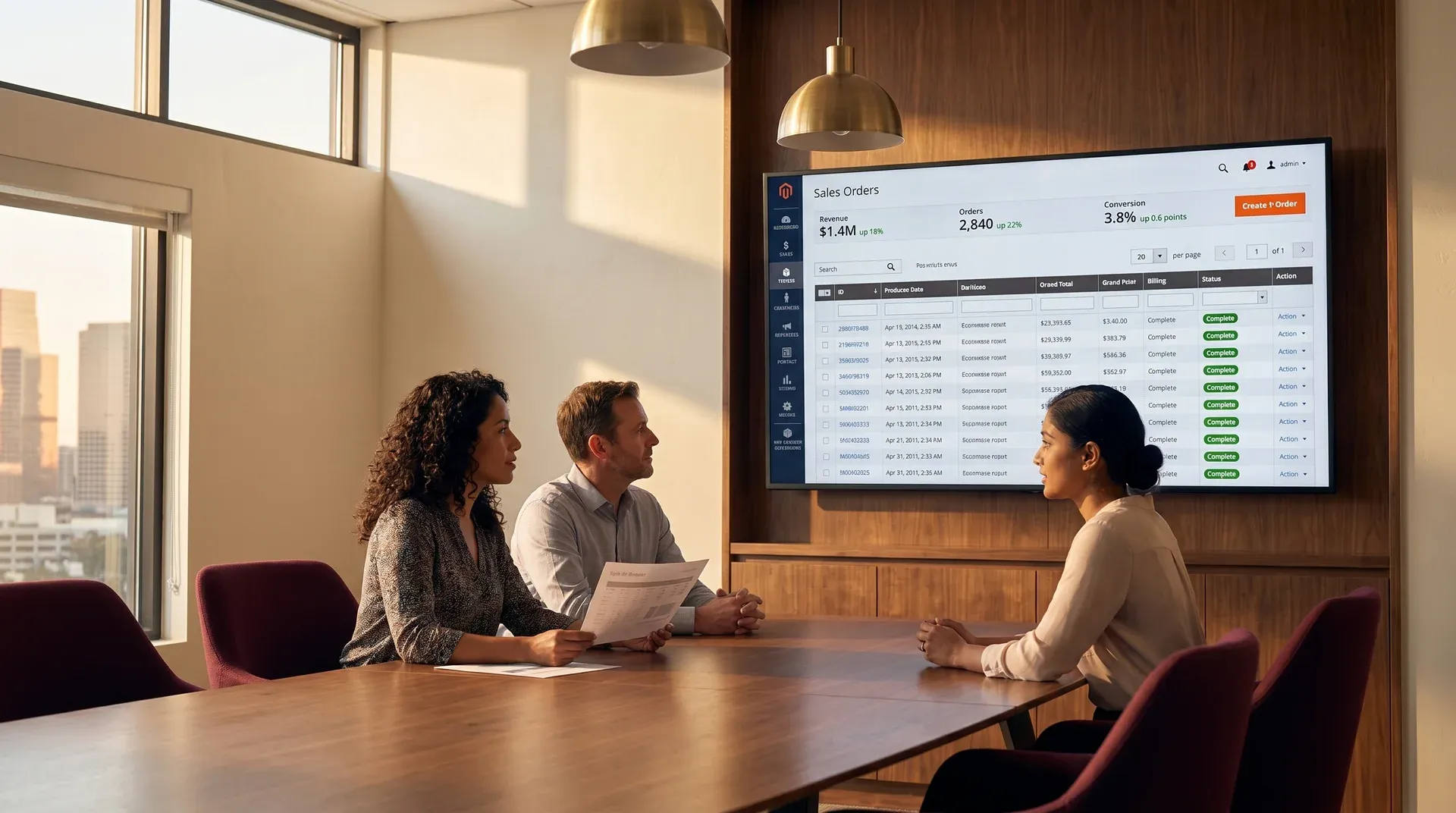 Latina, white and South Asian operations team reviewing a newly launched Magento 2 storefront rebuild on wall display in a deep burgundy and walnut boardroom Latina, white and South Asian operations team reviewing a newly launched Magento 2 storefront rebuild on wall display in a deep burgundy and walnut boardroom