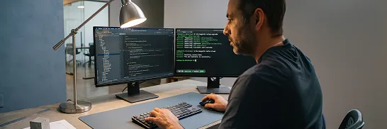 Magento developer's hands at keyboard writing custom module PHP code, PhpStorm and bin/magento terminal visible, cool slate blue agency workstation Magento developer's hands at keyboard writing custom module PHP code, PhpStorm and bin/magento terminal visible, cool slate blue agency workstation