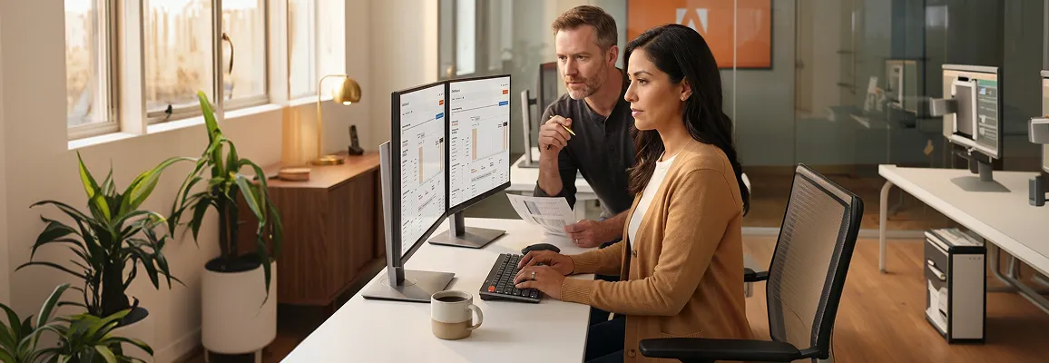 Ecommerce operations team monitoring Adobe Commerce store performance at dual-monitor workstation Ecommerce operations team monitoring Adobe Commerce store performance at dual-monitor workstation