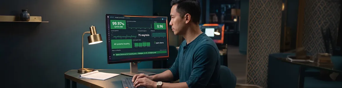 Platform engineer monitoring Adobe Commerce store via observability dashboard with successful patch deploy