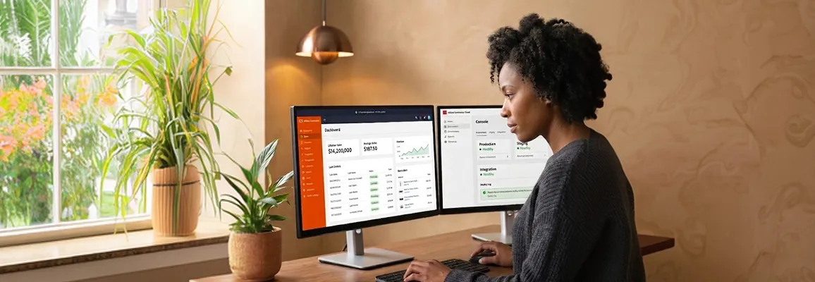 Ecommerce operations manager reviewing Adobe Commerce performance dashboards across multiple monitors in a modern office environment Ecommerce operations manager reviewing Adobe Commerce performance dashboards across multiple monitors in a modern office environment